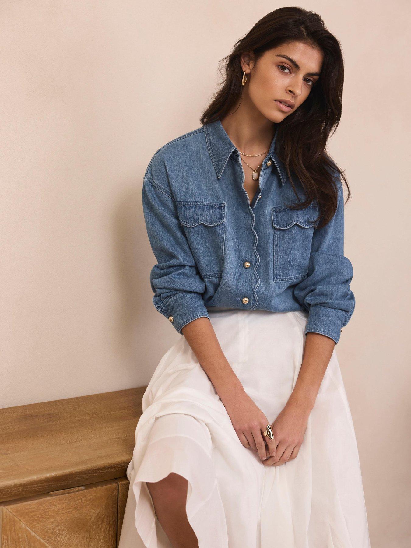 Mint Velvet Indigo Denim Scallop Top - Blue