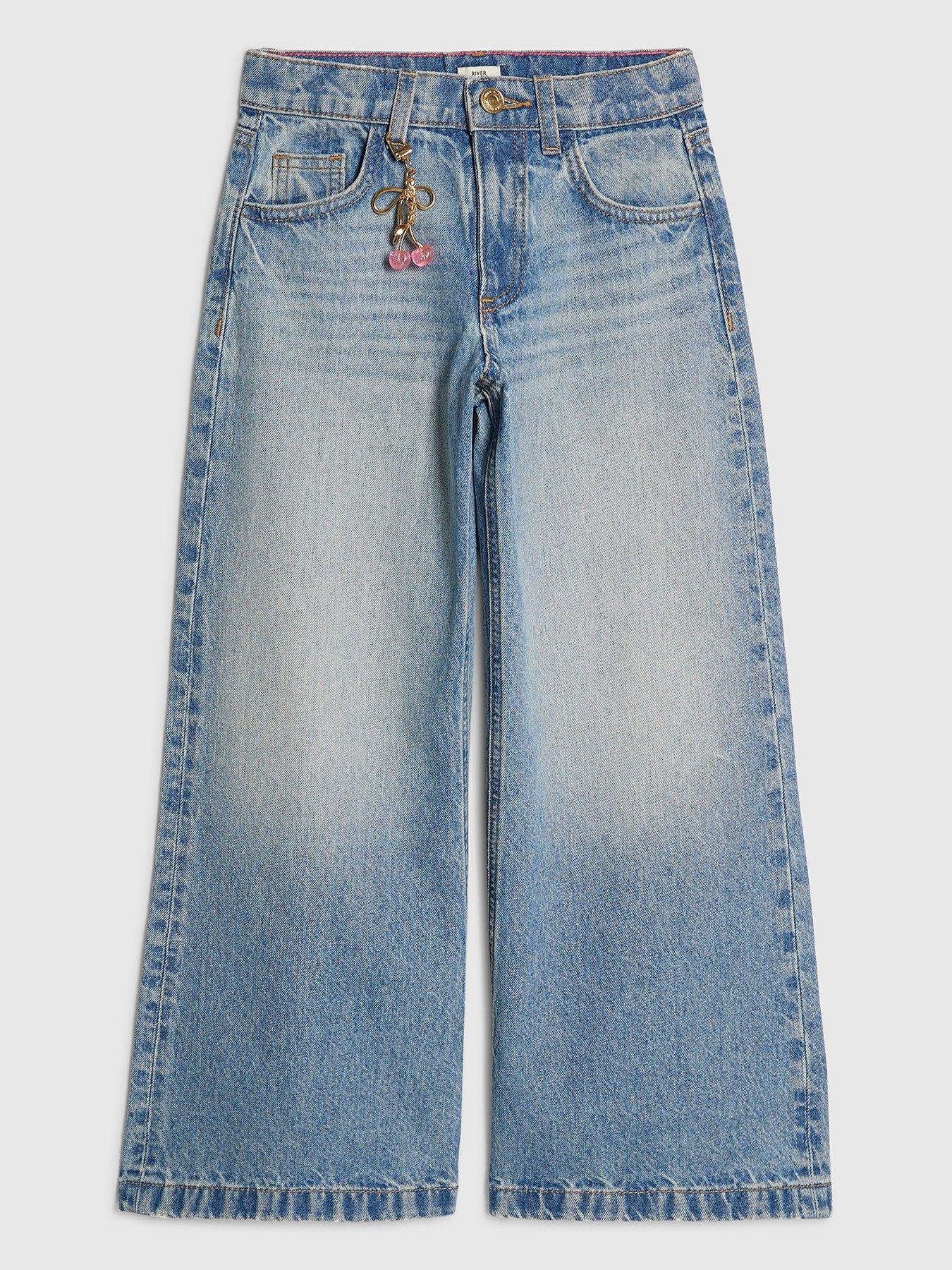 River Island Older Girls Wide Leg Jeans with Cherry Charm, Blue, Size Age: 11 Years