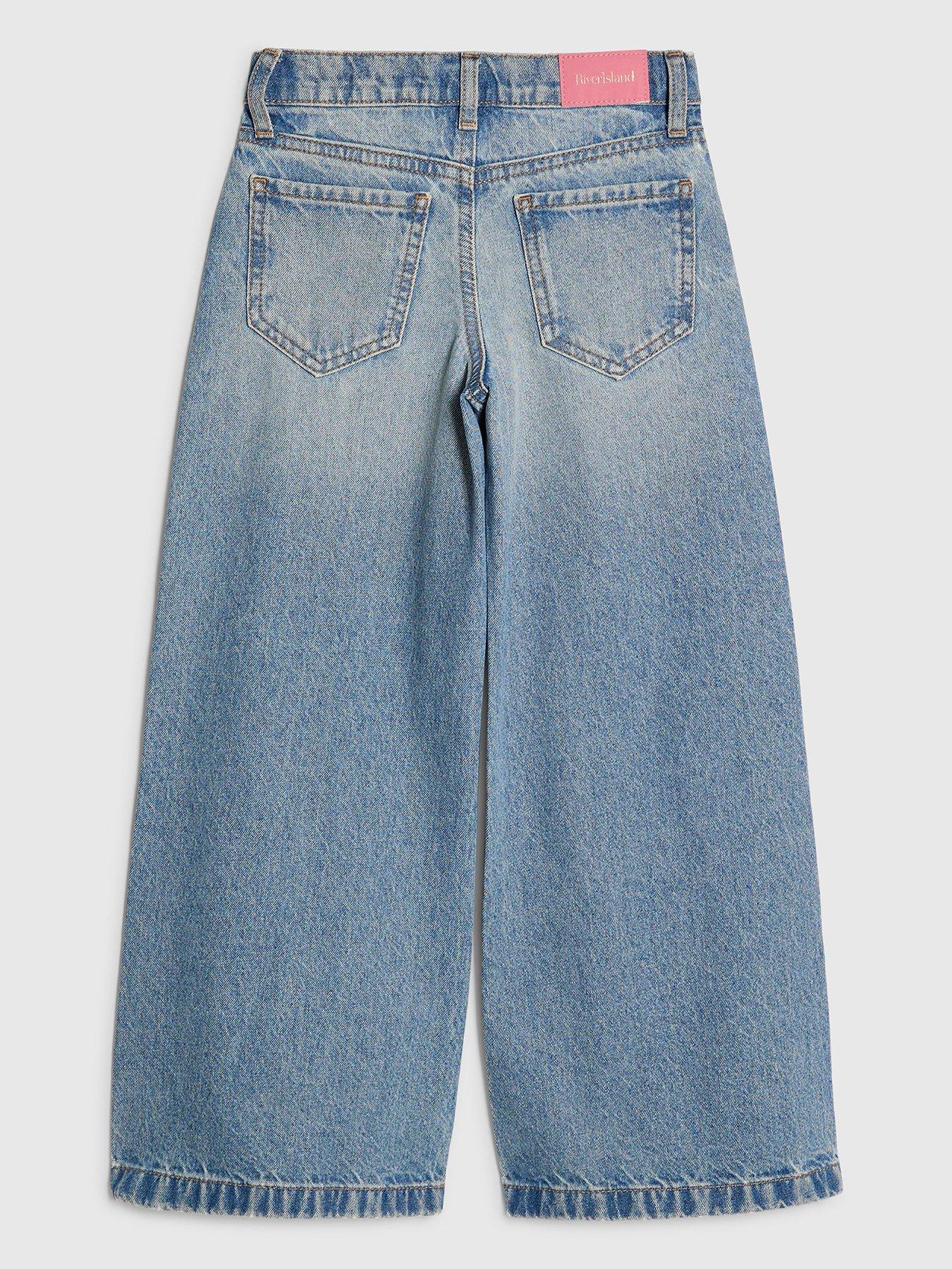 Image 2 of 4 of River Island Older Girls Wide Leg Jeans with Cherry Charm - Blue