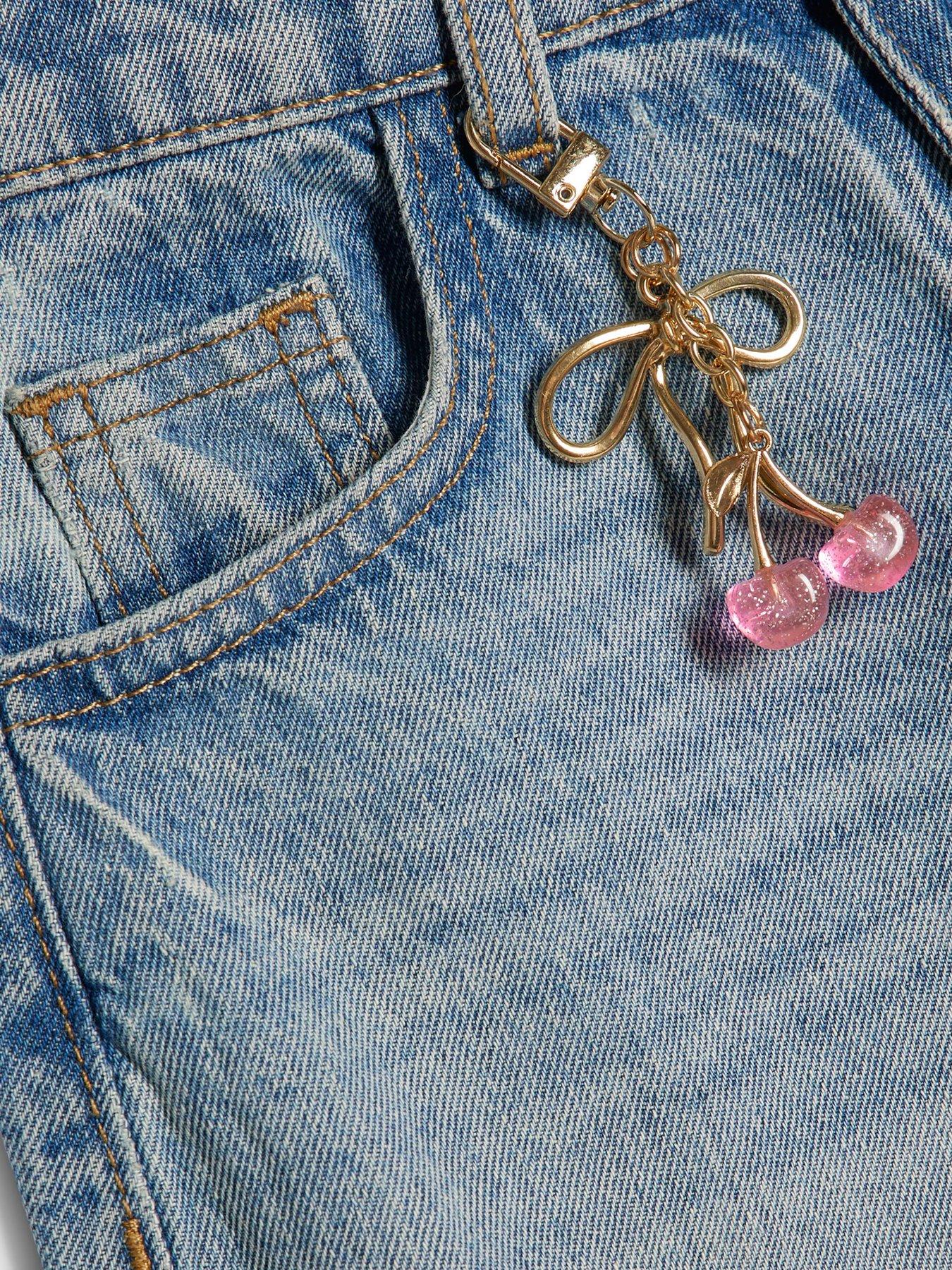 Image 4 of 4 of River Island Older Girls Wide Leg Jeans with Cherry Charm - Blue