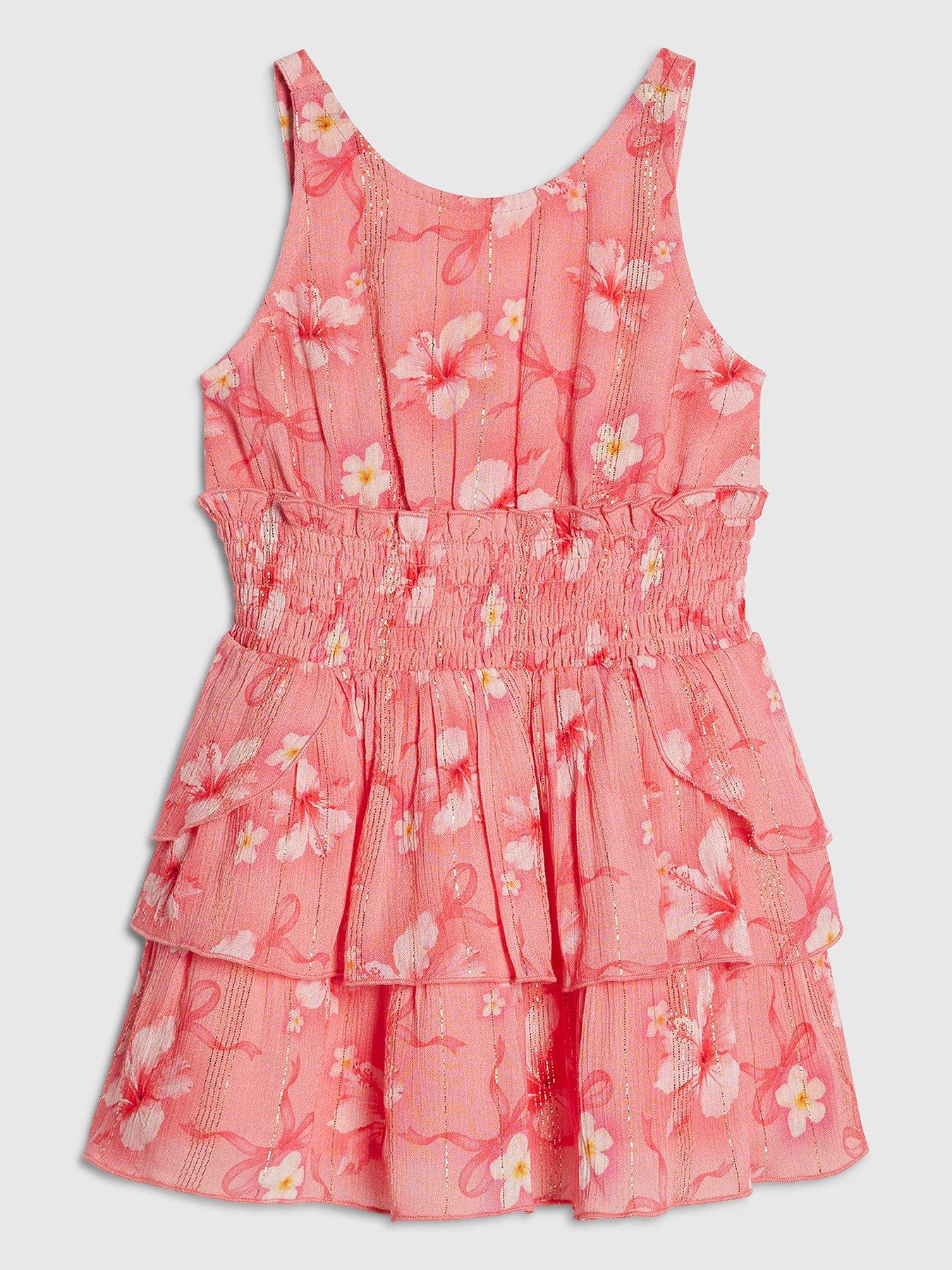 River Island Mini Girls Hibiscus Floral Bow Dress, Pink, Size Age: 18-24 Months