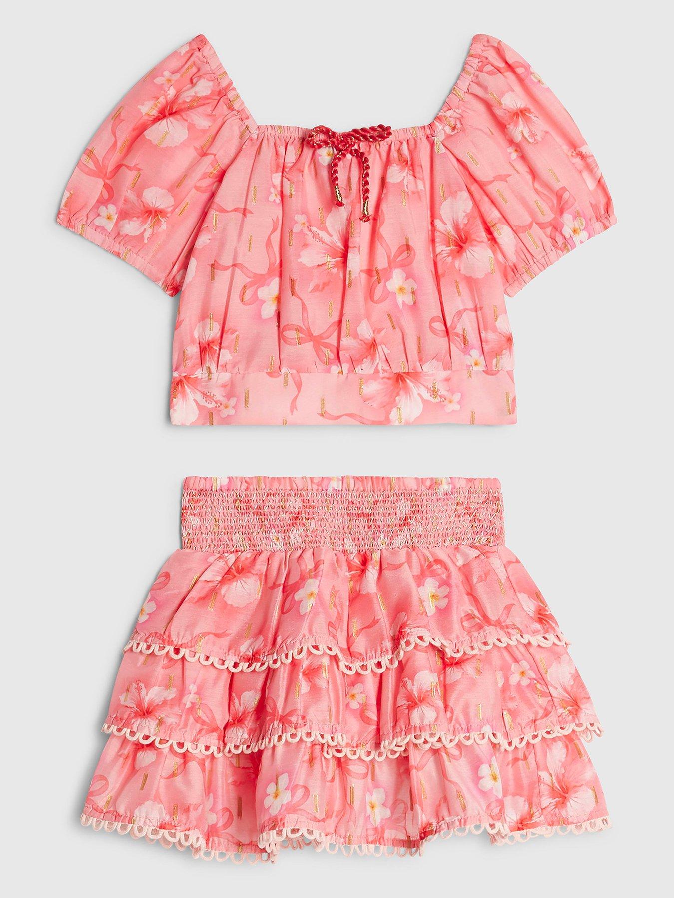 River Island Mini Girls Hibiscus Bow Skirt Set, Pink, Size Age: 18-24 Months