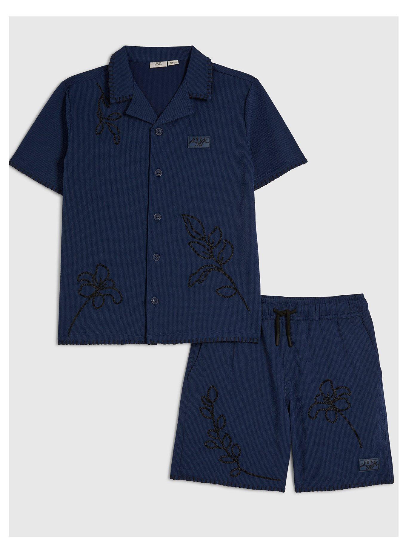 Image 1 of 5 of River Island Older Boys Embroidered Floral Swim Set - Navy