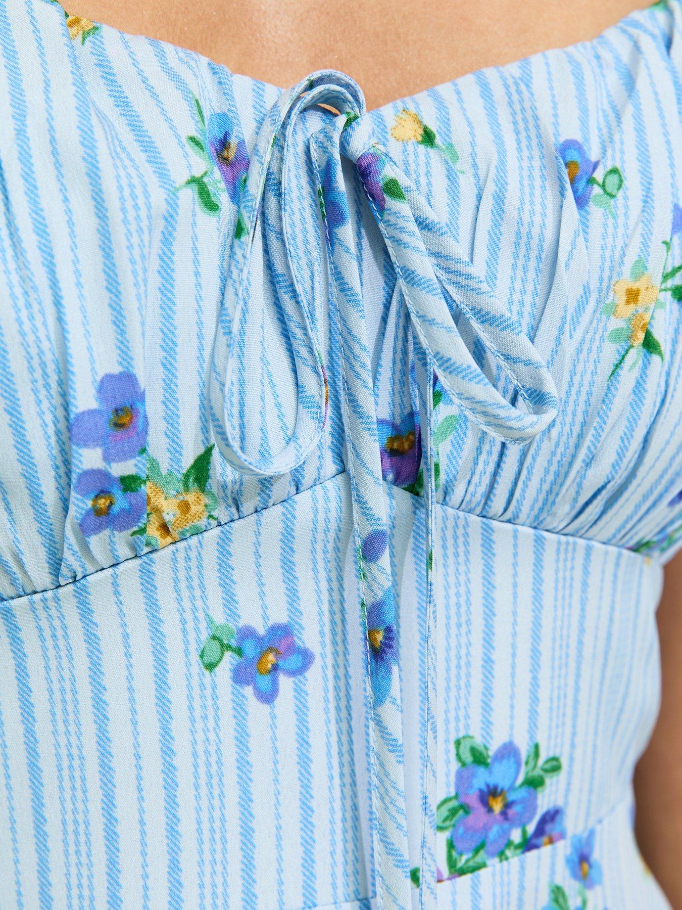 New Look Crepe Striped Floral Print Milkmaid Mini Dress - Blue | Very