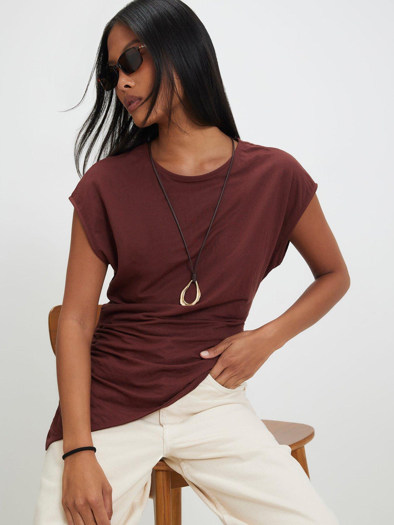 River Island P Short Sleeve Linen Asym Hem Top - Brown