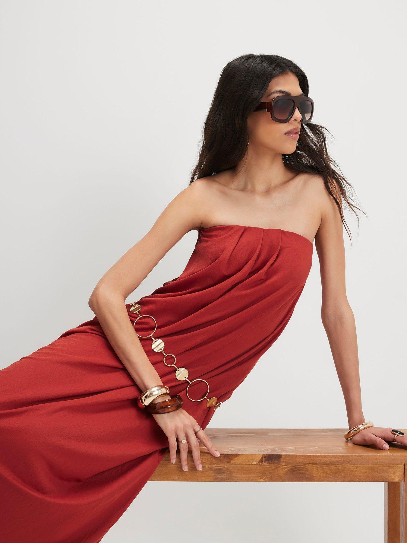 Image 3 of 6 of River Island Short Linen Bandeau Maxi Dress - Orange