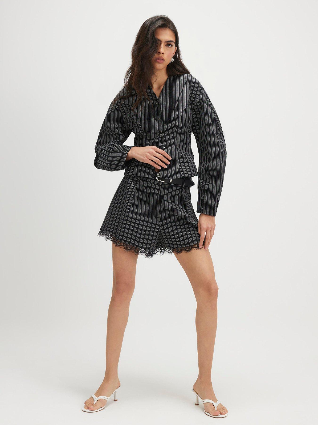 Image 1 of 4 of River Island Pinstripe Lace Trim Belted Co-ord Short - Black