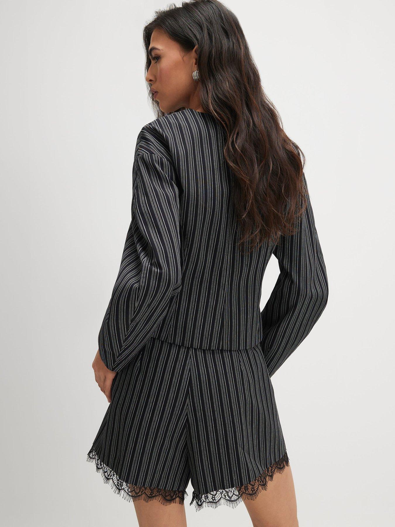 Image 2 of 4 of River Island Pinstripe Lace Trim Belted Co-ord Short - Black