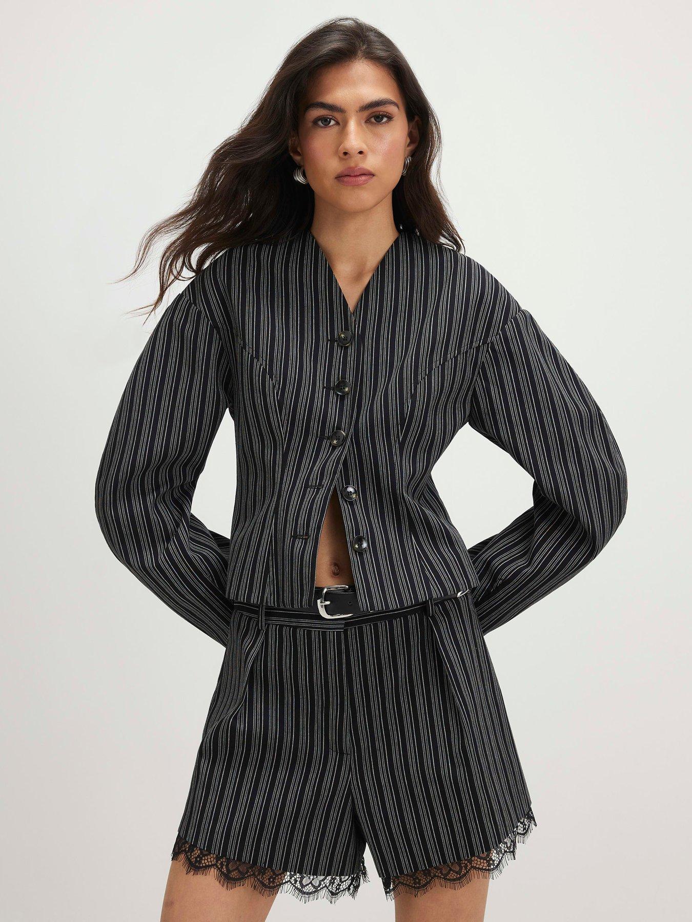Image 3 of 4 of River Island Pinstripe Lace Trim Belted Co-ord Short - Black