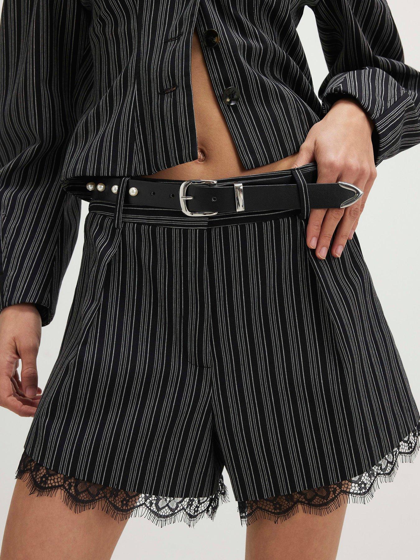 Image 4 of 4 of River Island Pinstripe Lace Trim Belted Co-ord Short - Black