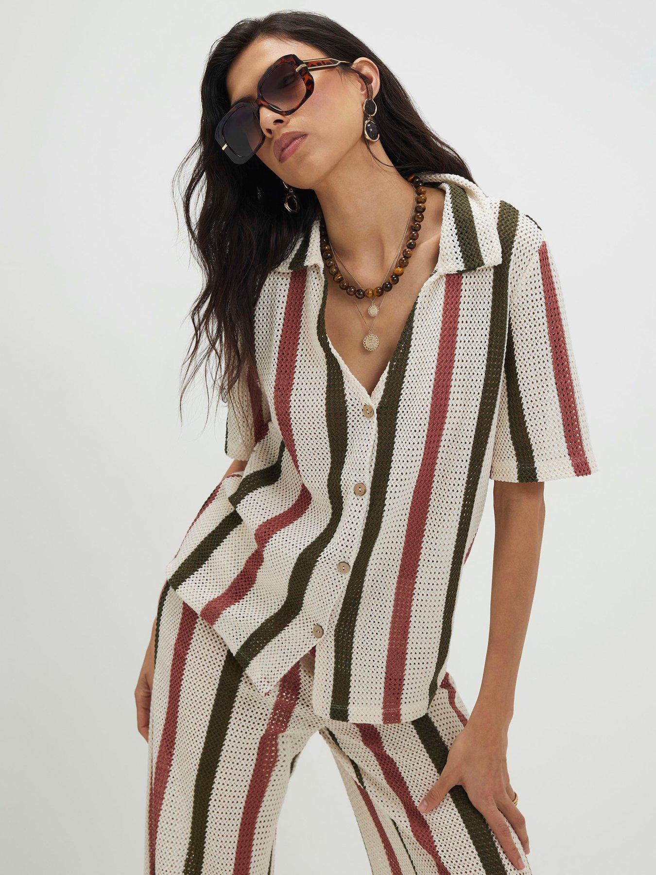 River Island Short Sleeve Crochet Stripe Shirt - Cream