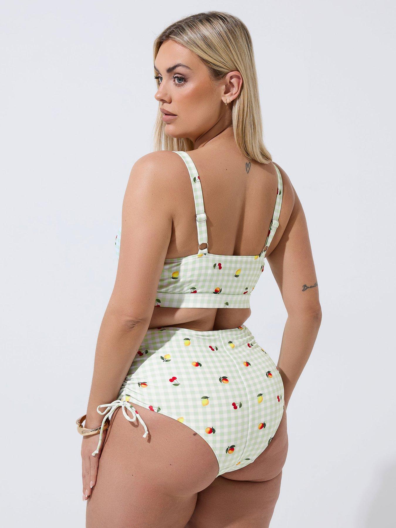 Image 2 of 5 of Yours Curve Gingham Fruit Print Bikini Top - Green
