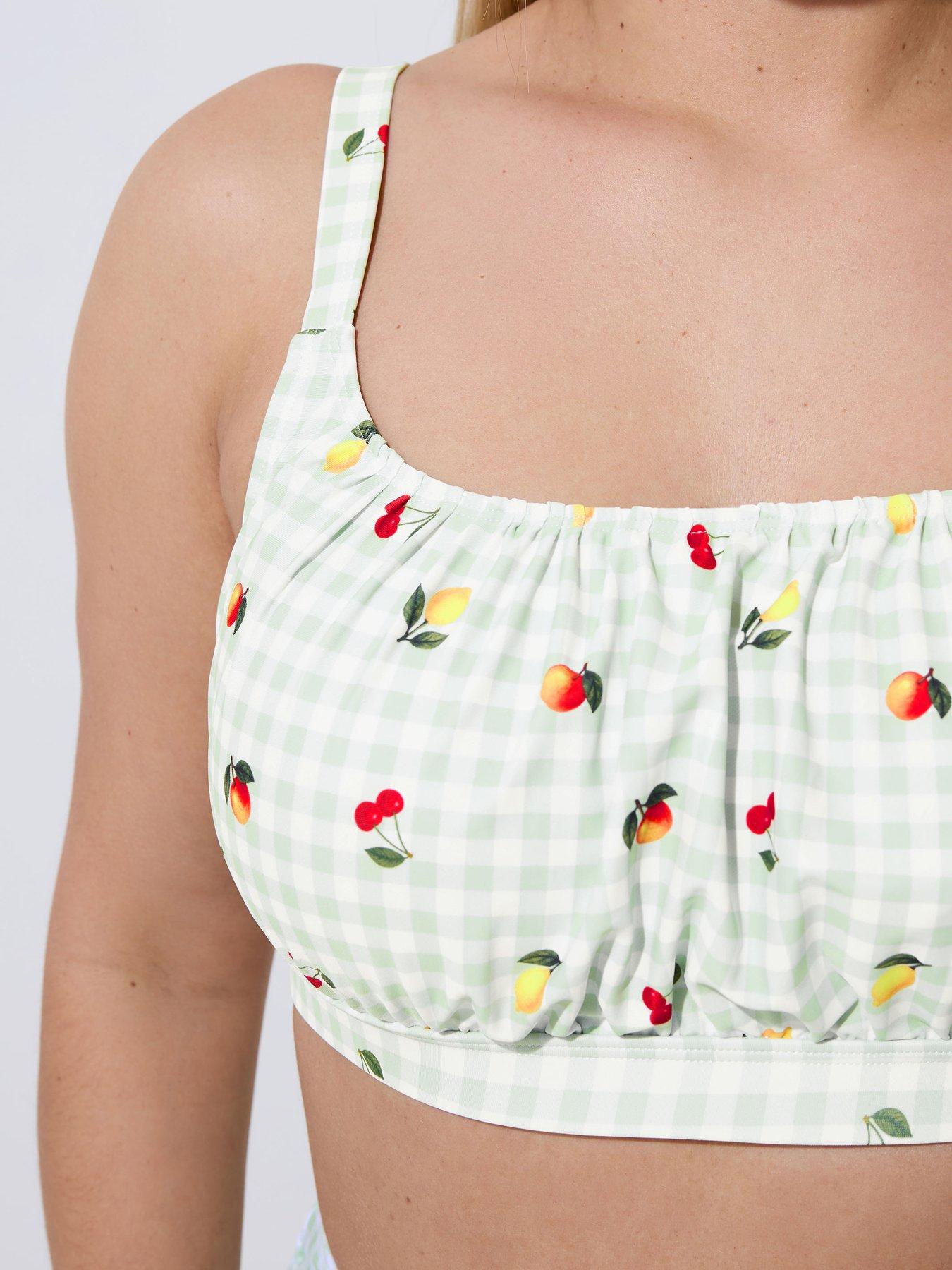 Image 4 of 5 of Yours Curve Gingham Fruit Print Bikini Top - Green
