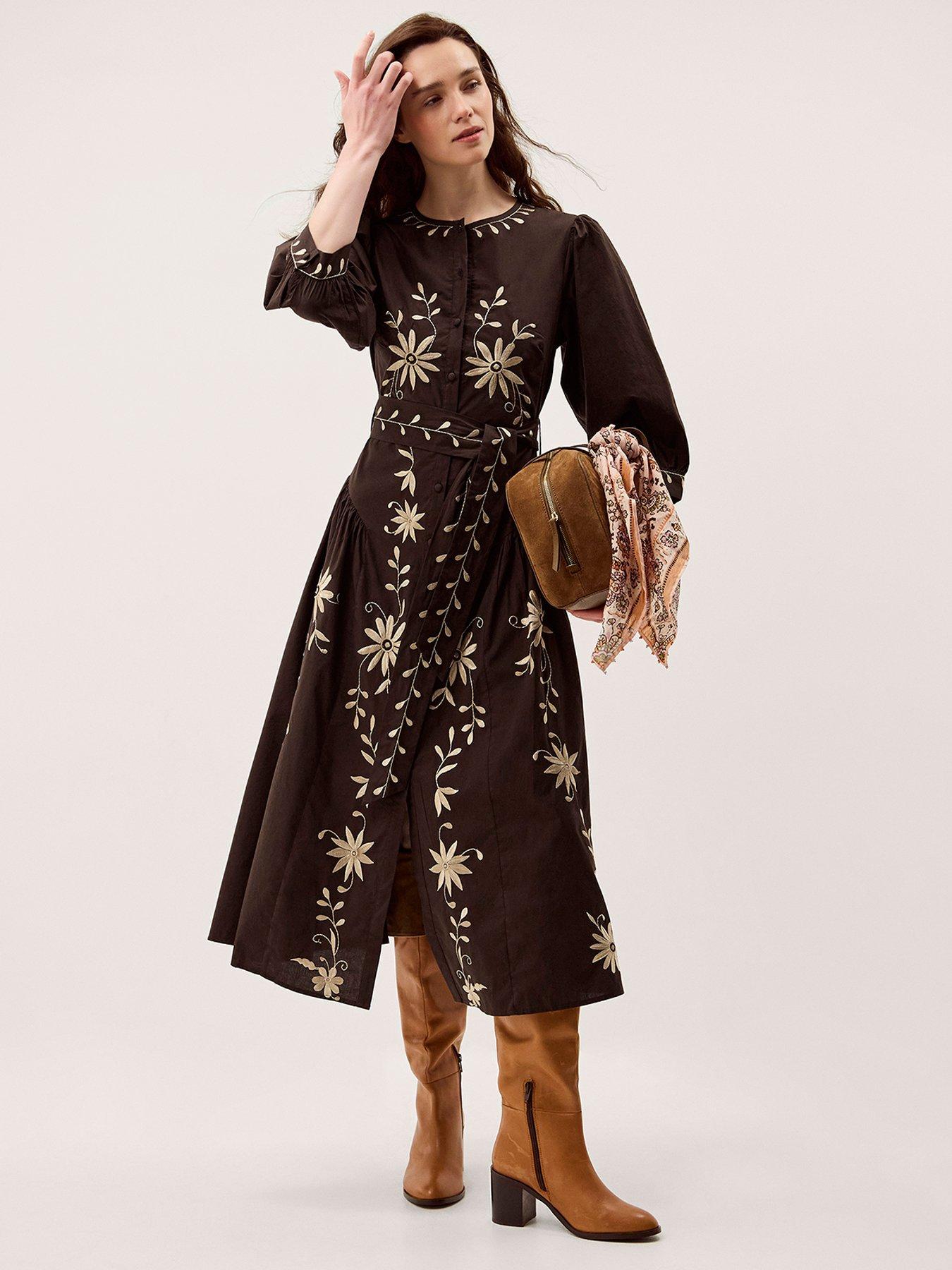 Image 3 of 6 of Monsoon Eloise Embroidered Dress - Brown