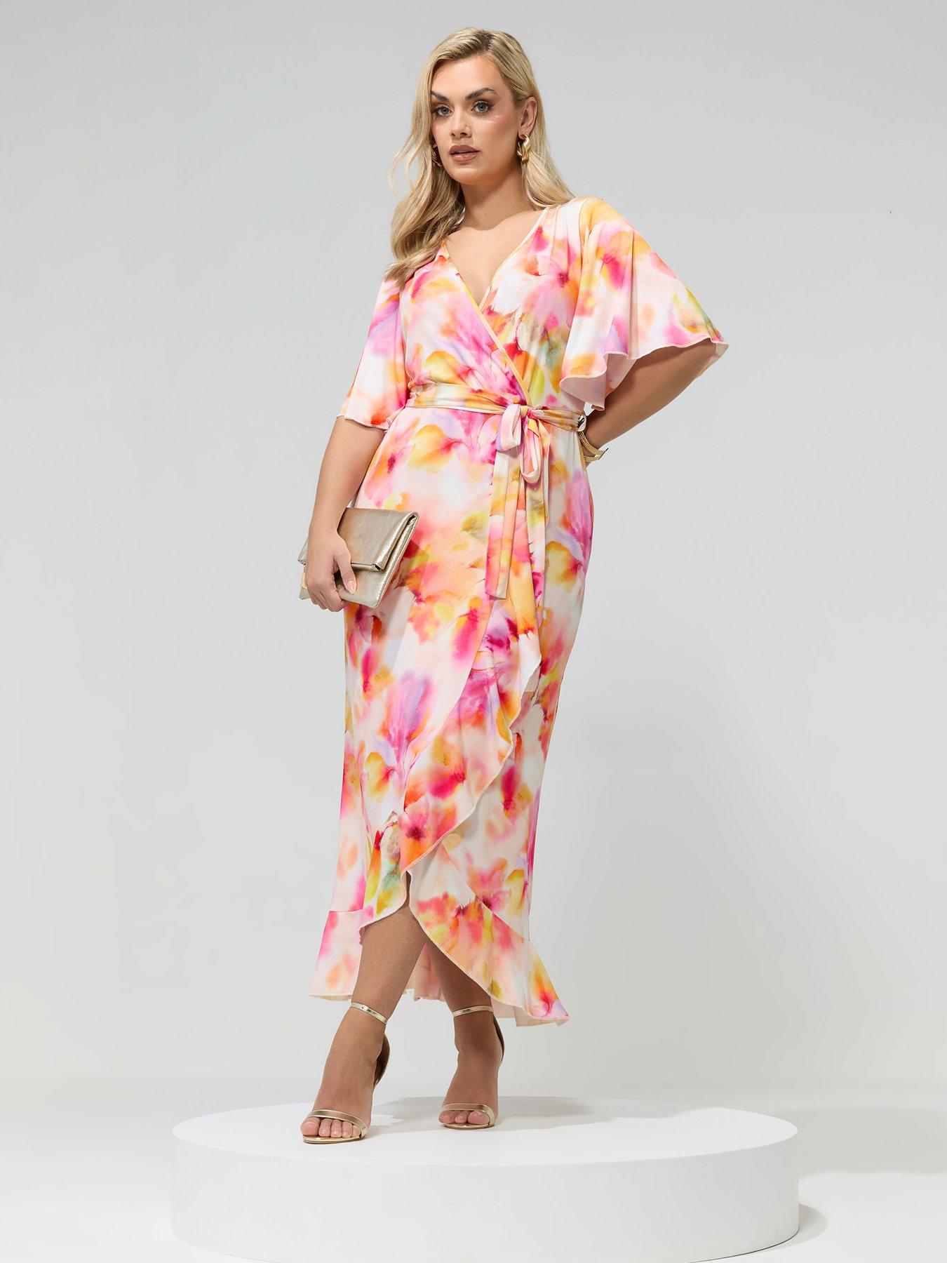 Yours Curve Blur Wrap Ruffle Dress - Yellow