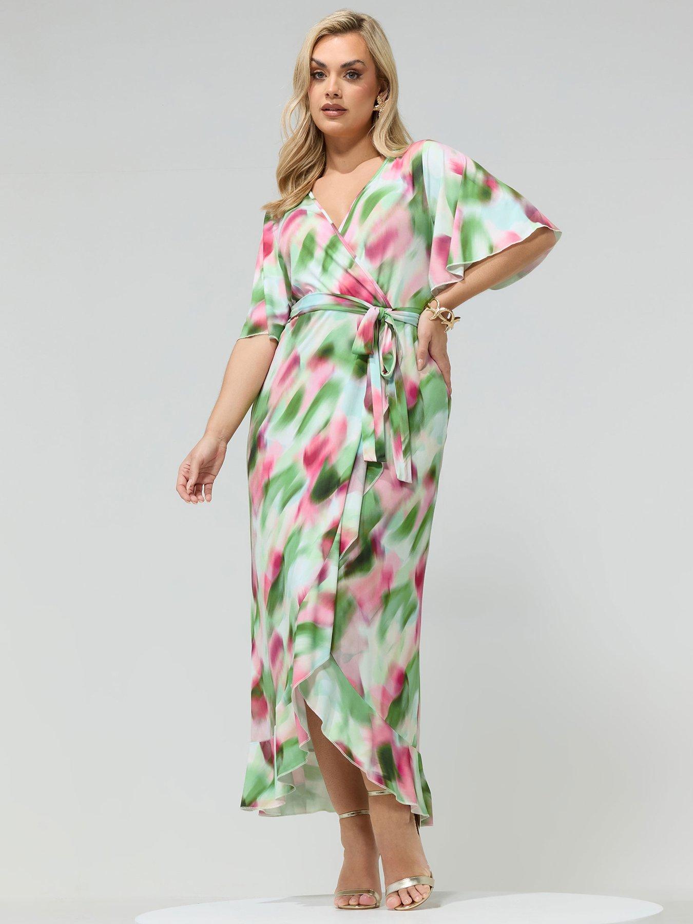 Yours Curve Blur Wrap Ruffle Dress - Green