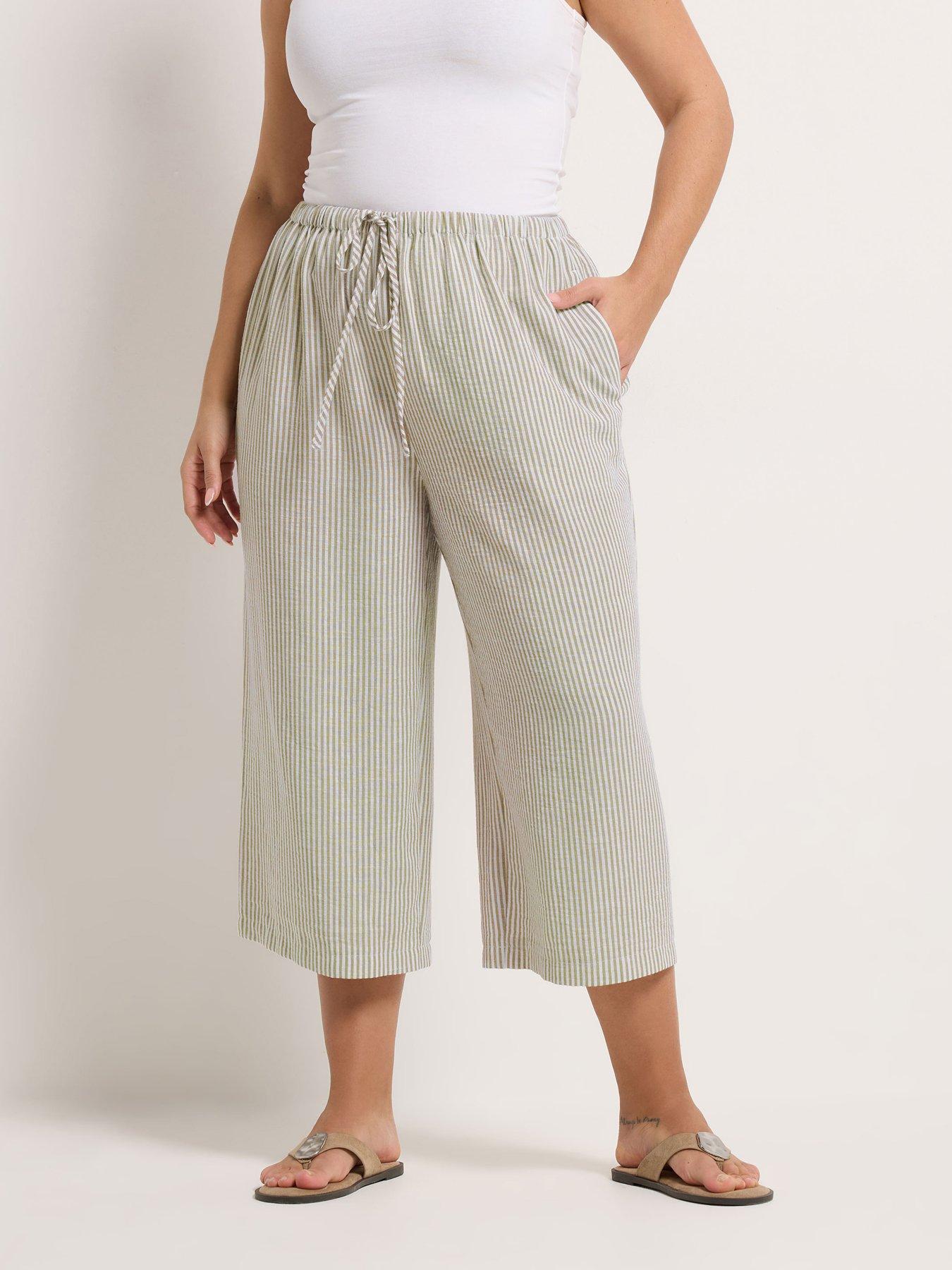Yours Curve Stripe Linen Look Cropped Trousers - Cream