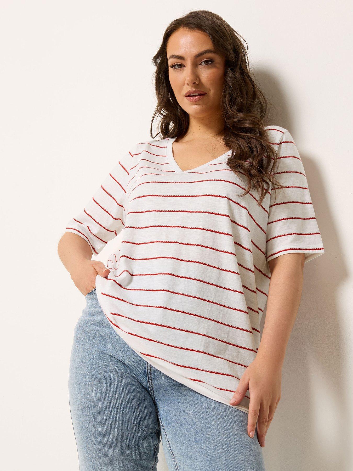Yours Curve V-Neck Stripe T-Shirt - White