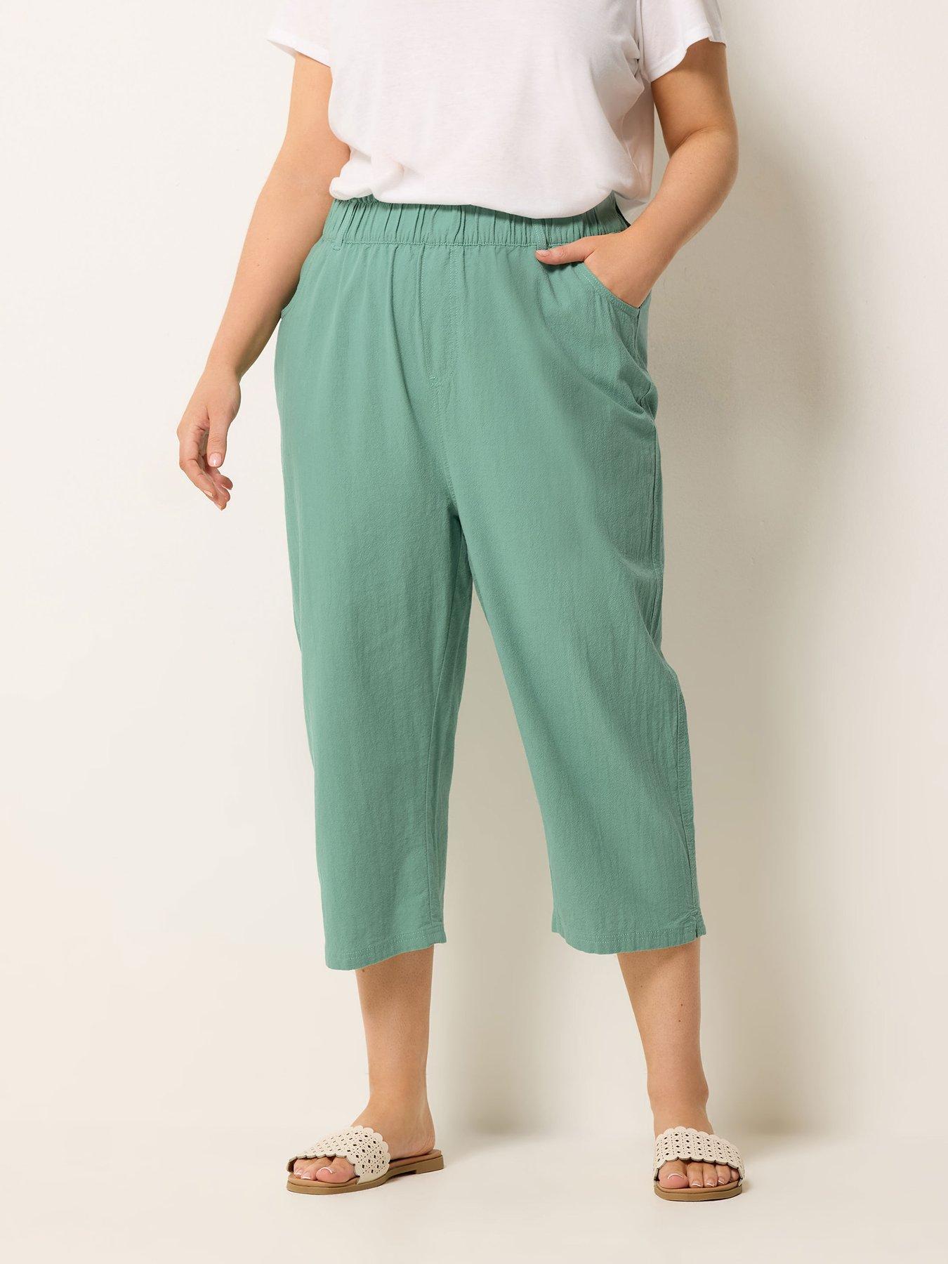 Yours Curve Cool Cotton Cropped Trouser - Green