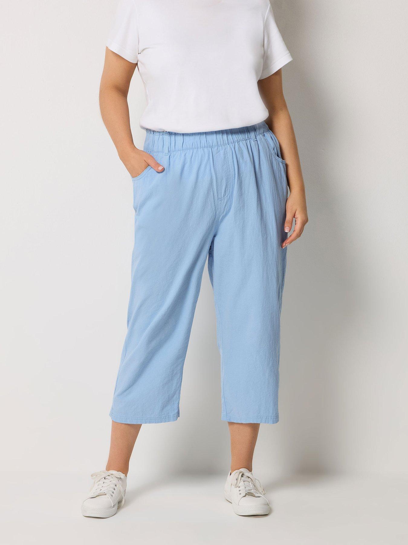 Image 1 of 4 of Yours Curve Cool Cotton Cropped Trouser - Blue
