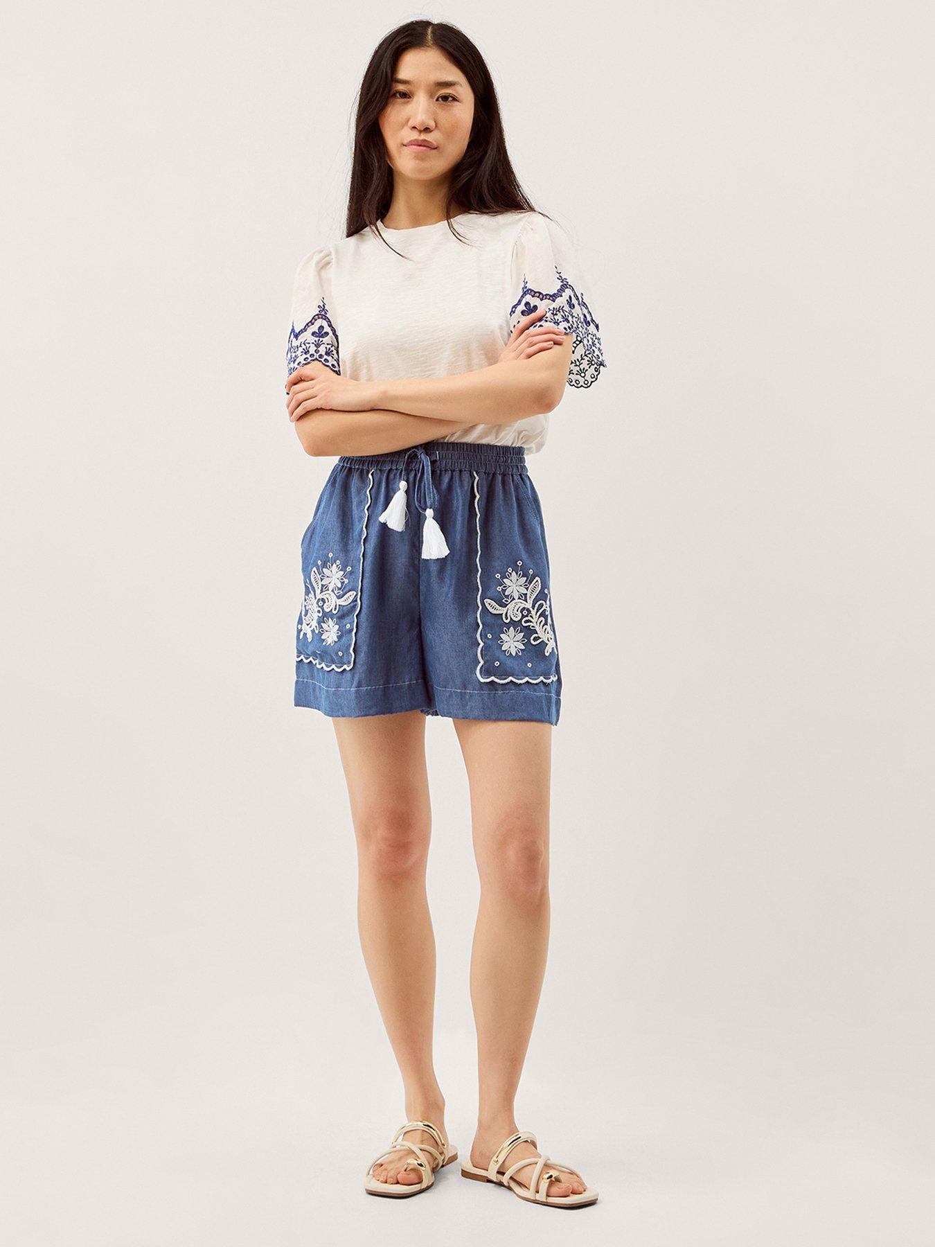 Image 3 of 5 of Monsoon Isla Embroidered Denim Shorts - Blue