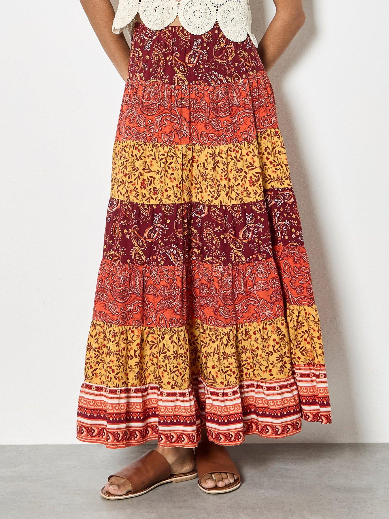 Apricot Multi Tier Patchwork Print Skirt