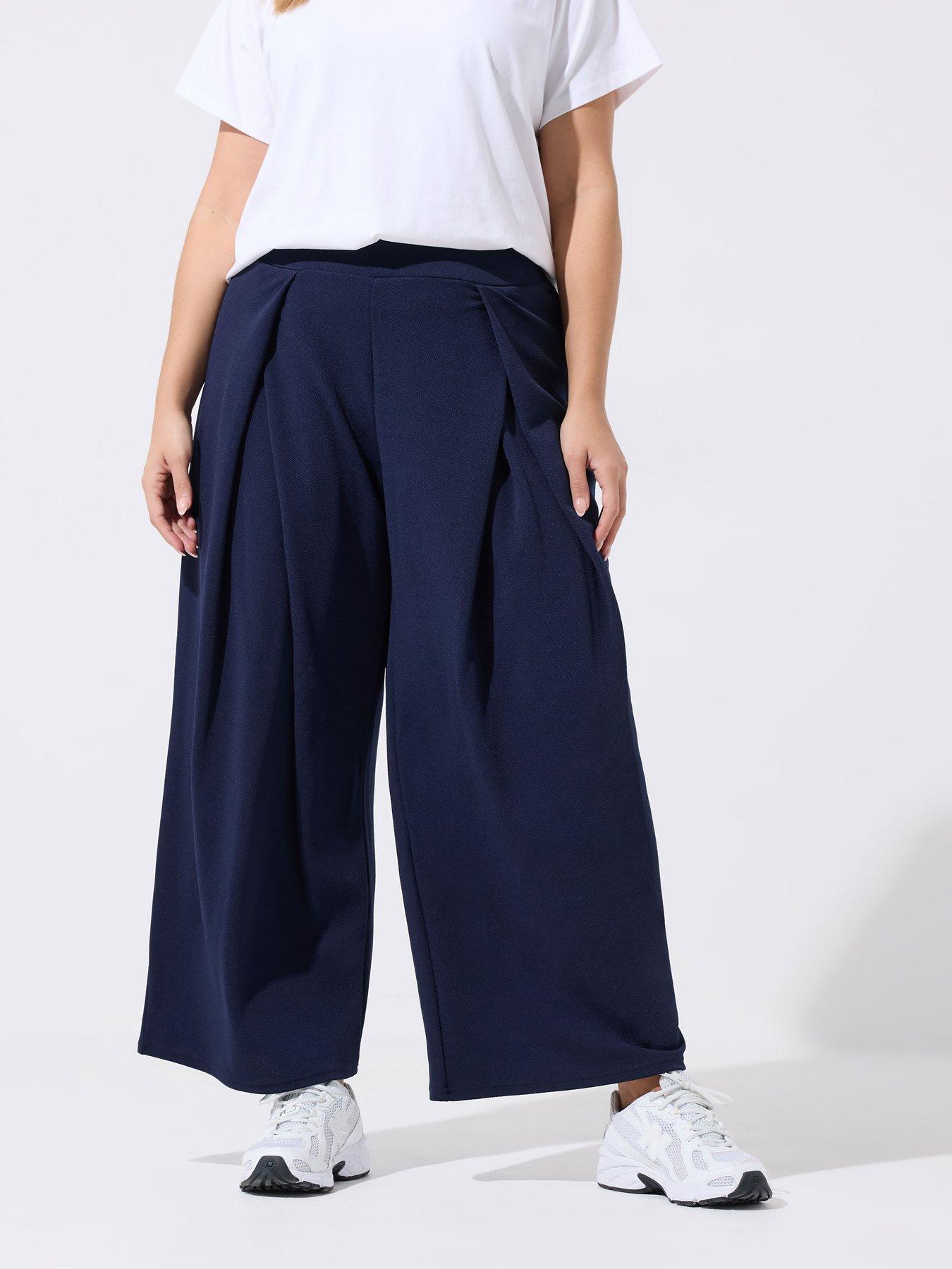 Image 1 of 5 of Yours Curve Pleat Wide Leg Trousers - Navy