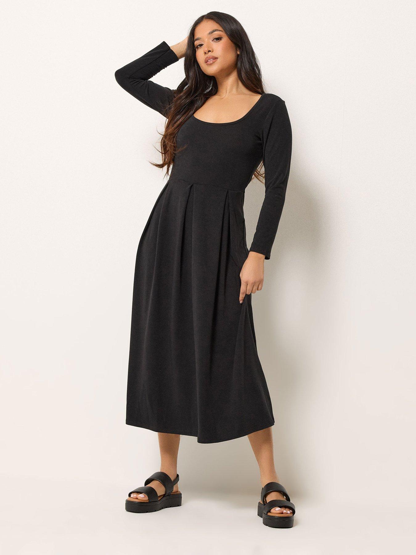 PixieGirl Petite Long Sleeve Pleat Scoop Neck Midi Dress - Black
