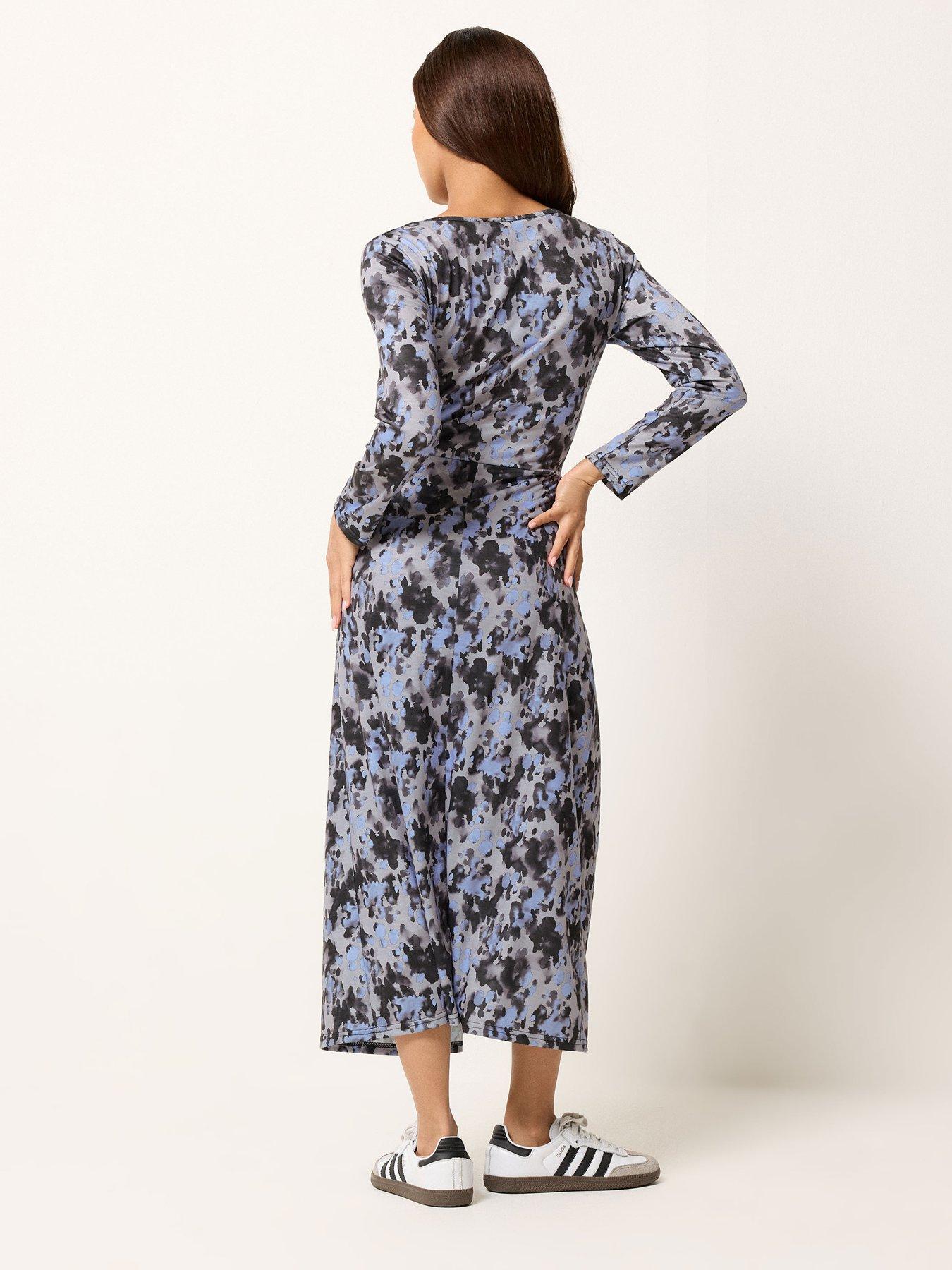 Image 2 of 4 of PixieGirl Petite Abstract Long Sleeve Pleat Midi Dress