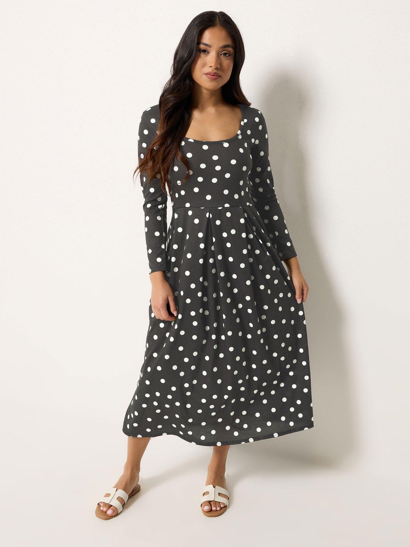 PixieGirl Petite Spot Print Long Sleeve Pleat Waist Maxi Dress - Black