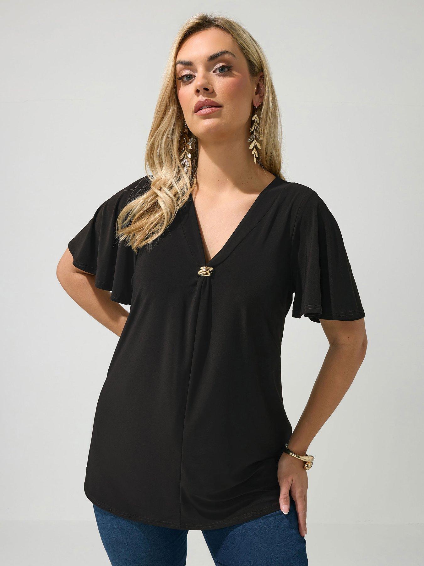 Image 1 of 5 of Yours Curve Buckle V-Neck Swing Top - Black
