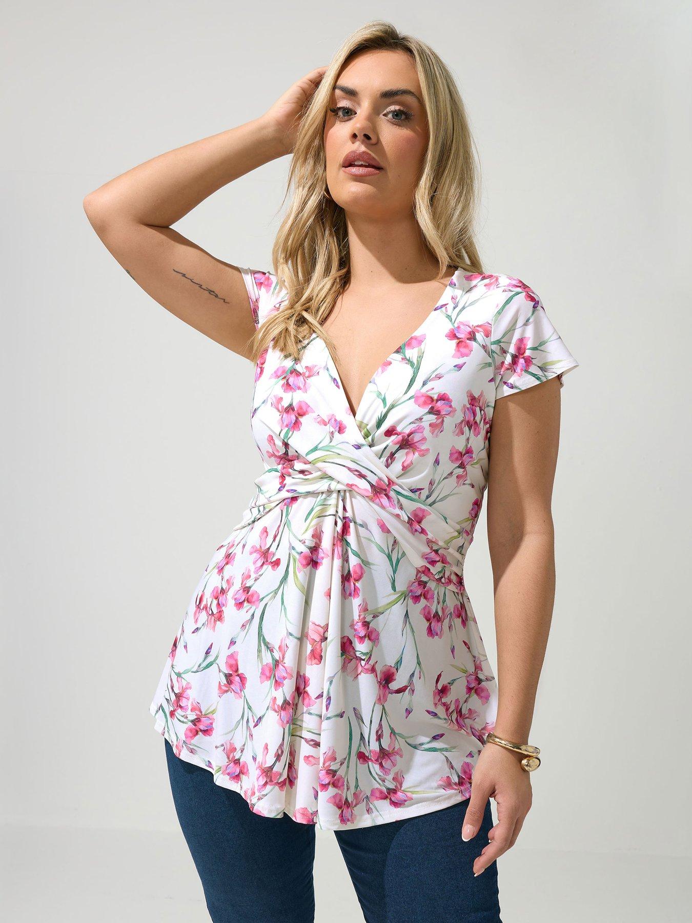 Yours Curve Floral Wrap Front Top - White