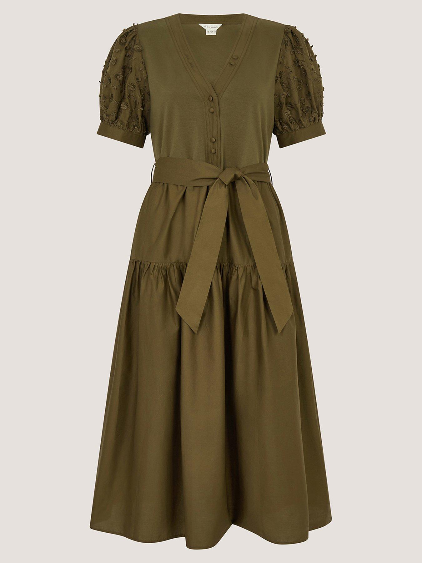Monsoon Fawn Fabric Mix Dress - Green | Very