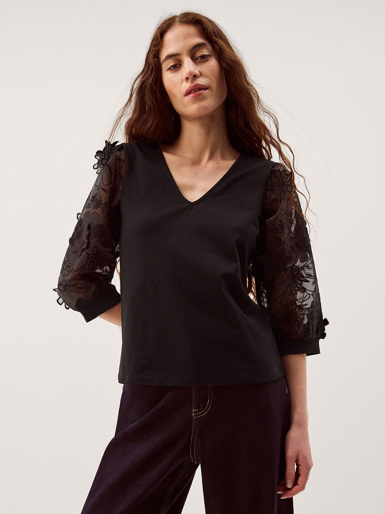 Image 1 of 5 of Monsoon Fi Floral Applique Jersey Top - Black