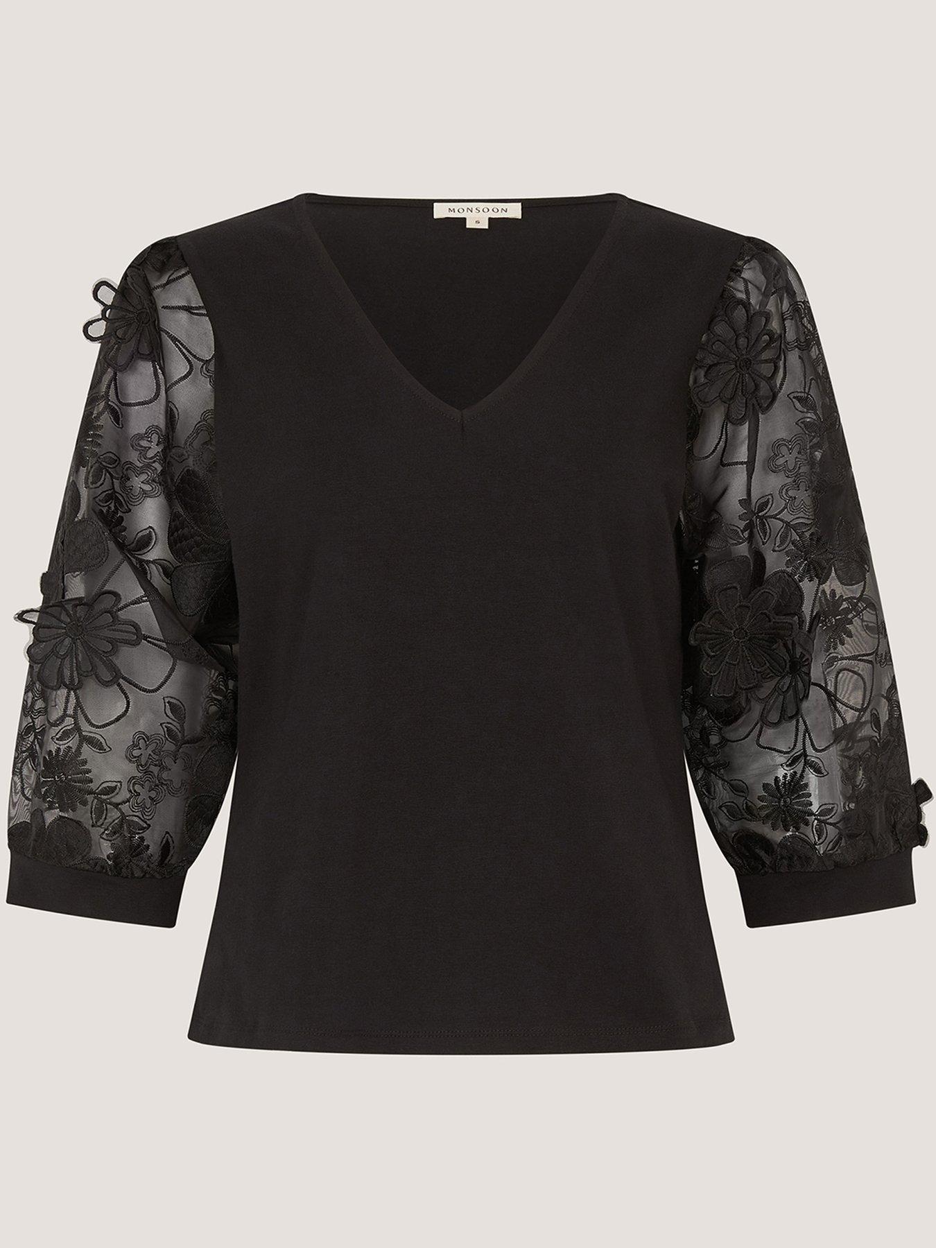 Image 5 of 5 of Monsoon Fi Floral Applique Jersey Top - Black