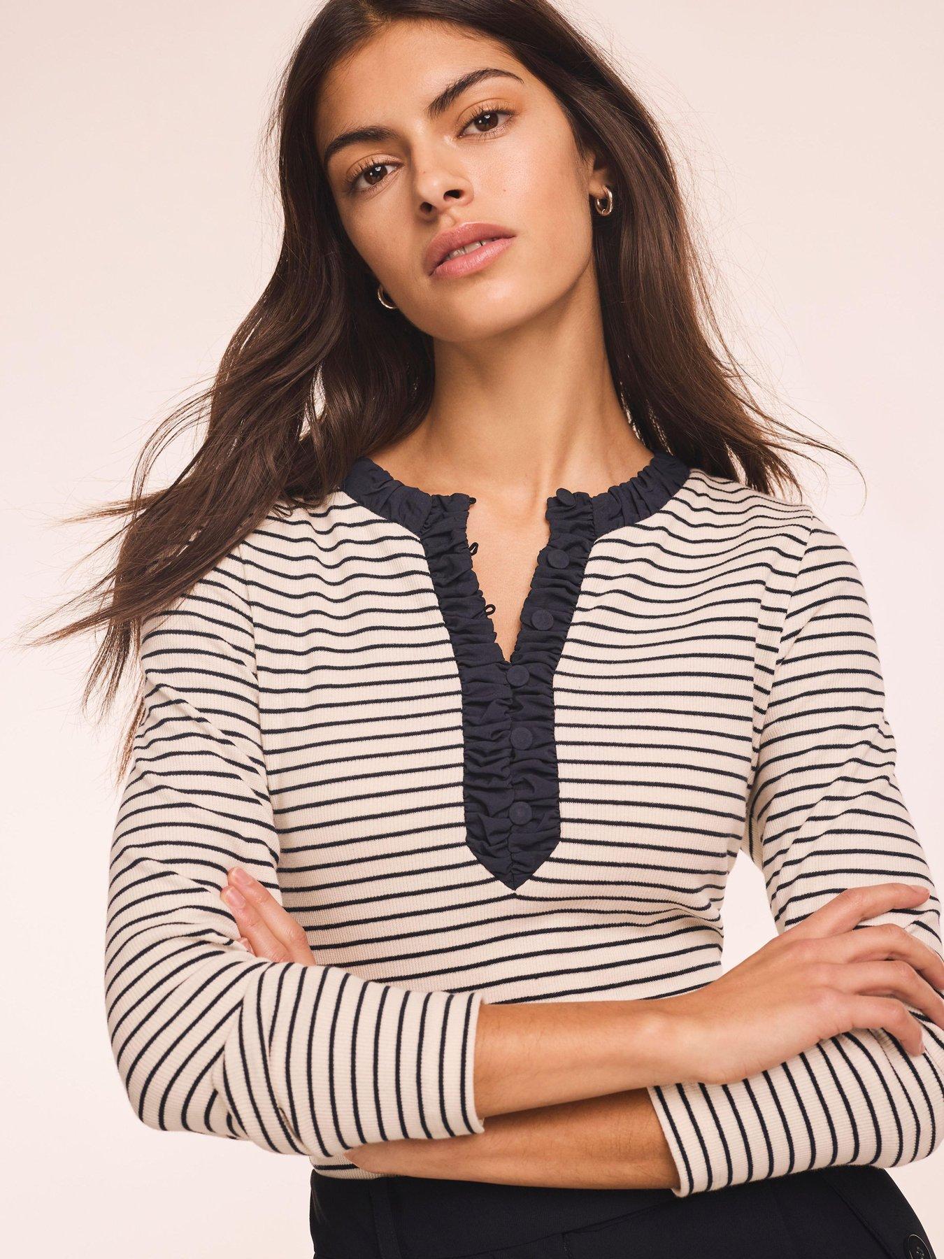 Mint Velvet Striped Ruched Trim Stripe Top - White | Very