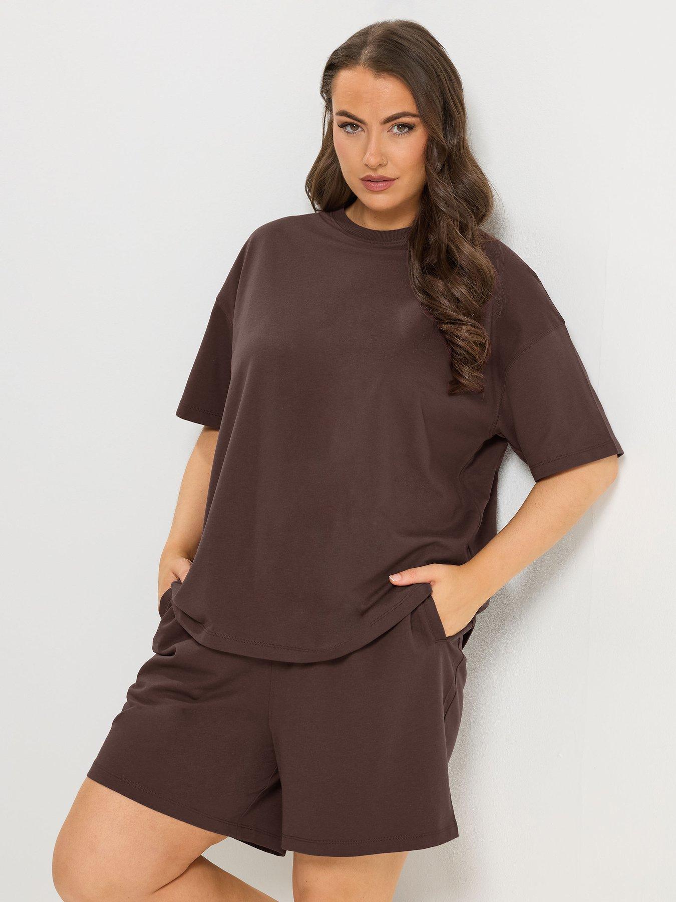 Image 1 of 5 of Yours Curve Shorts &amp; T Shirt Co-Ord Sweat Set - Brown
