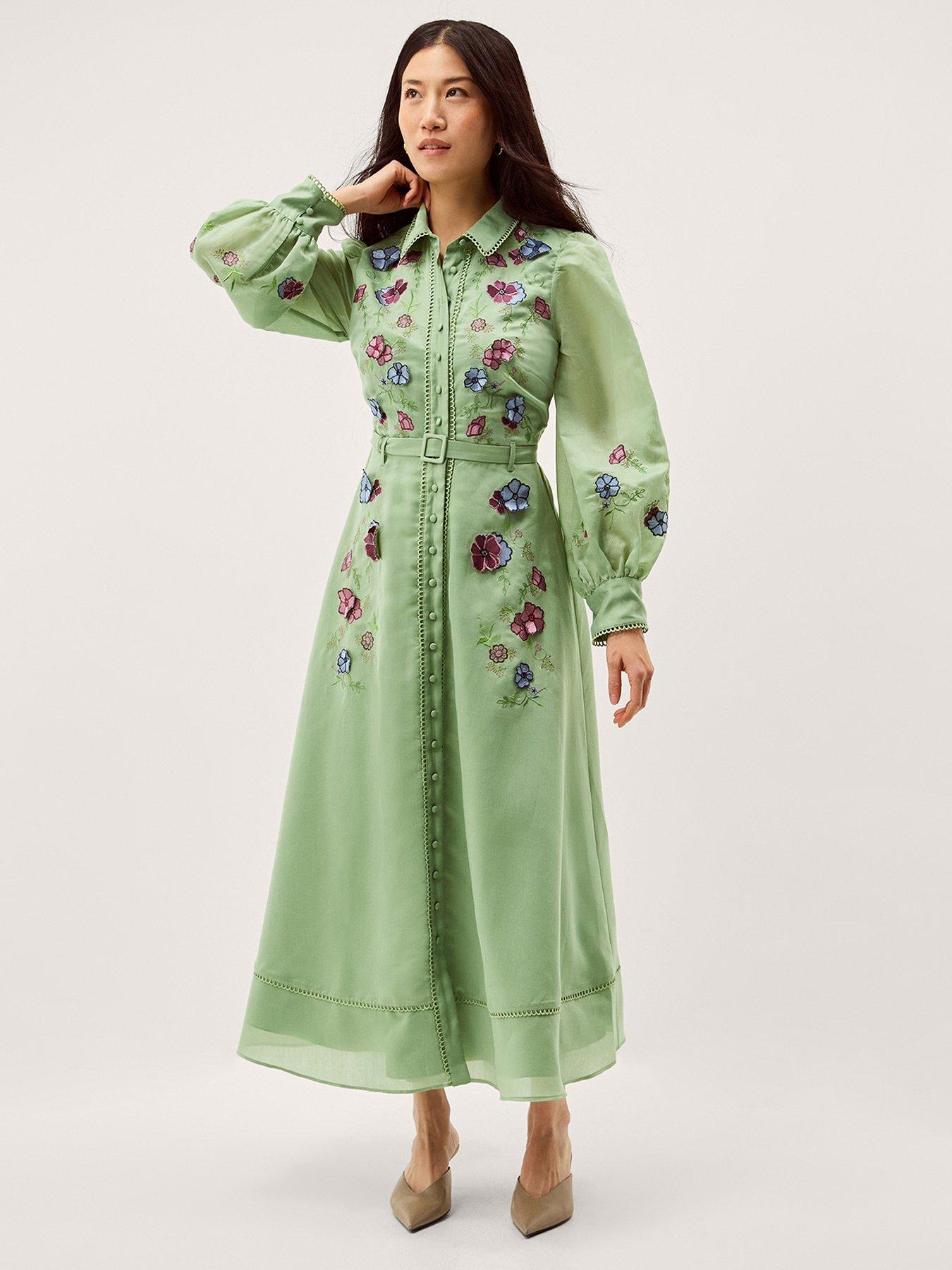 Monsoon Orla Embroidered Shirt Dress - Green