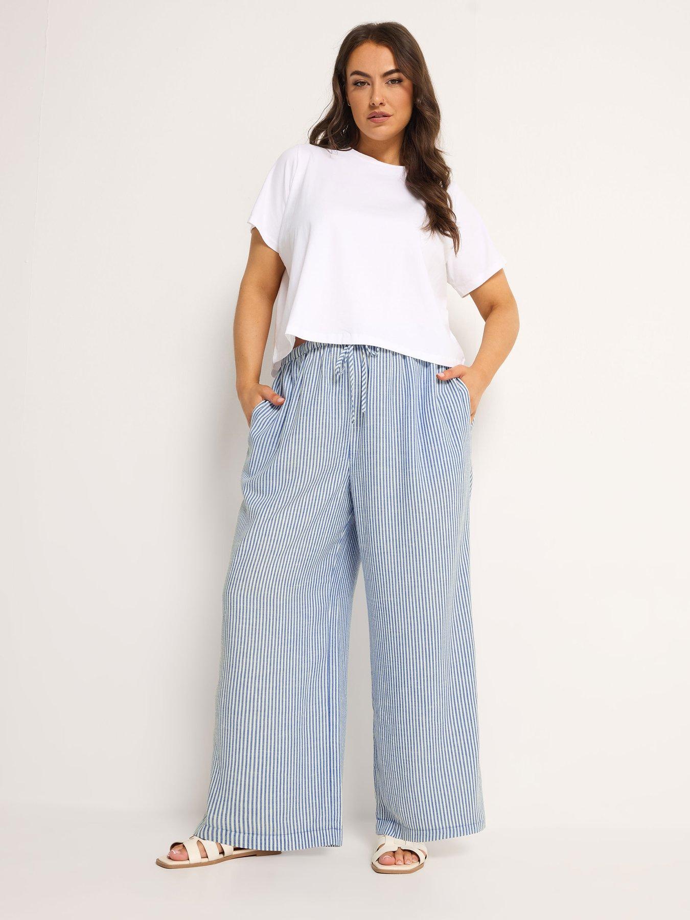 Yours Curve Linen Look Skinny Waist Wide Leg Trouser 28" - Blue