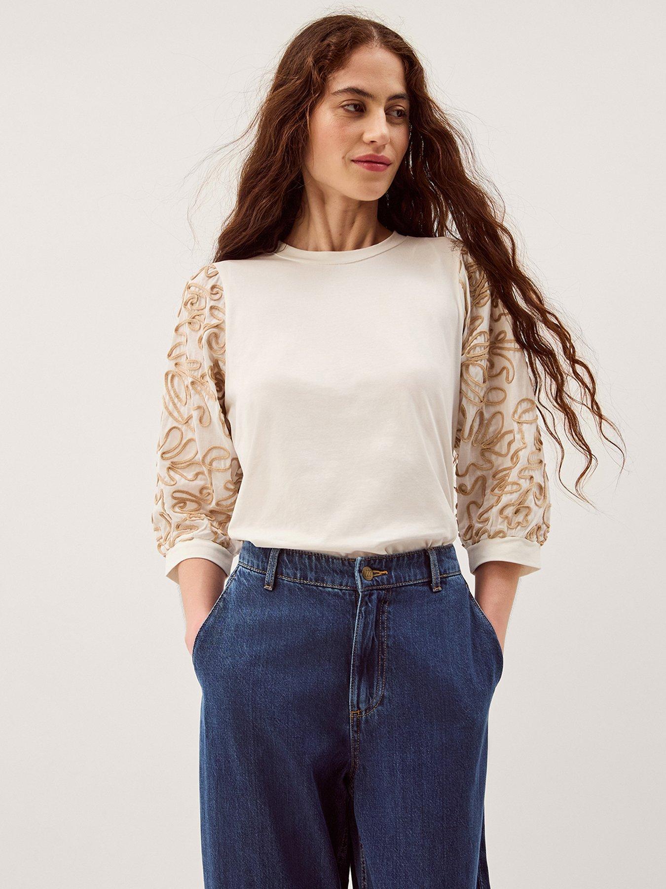 Monsoon Freya Fabric Mix Embroidered Top - Ivory