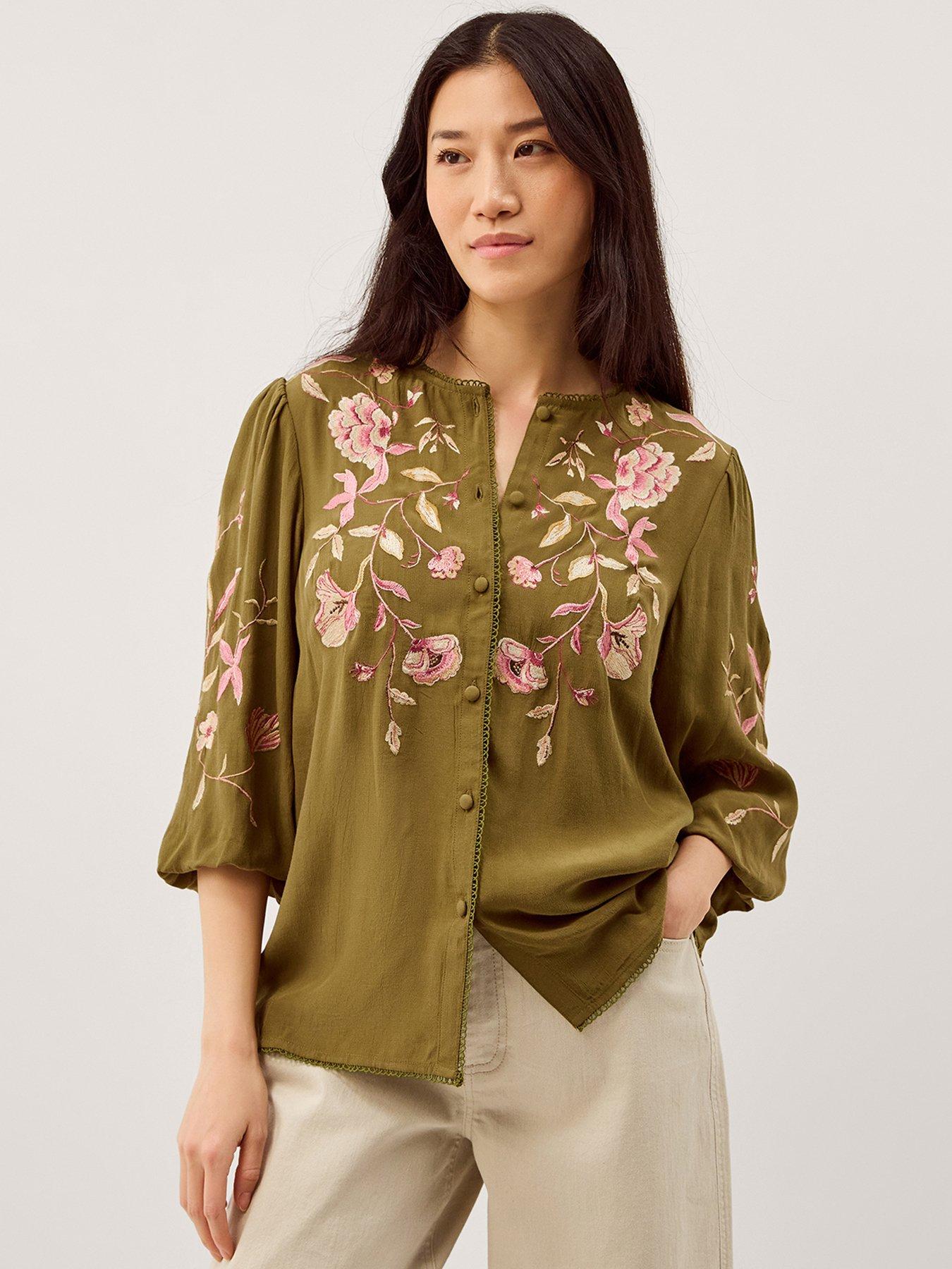 Image 1 of 5 of Monsoon Amelie Embroidered Top - Green