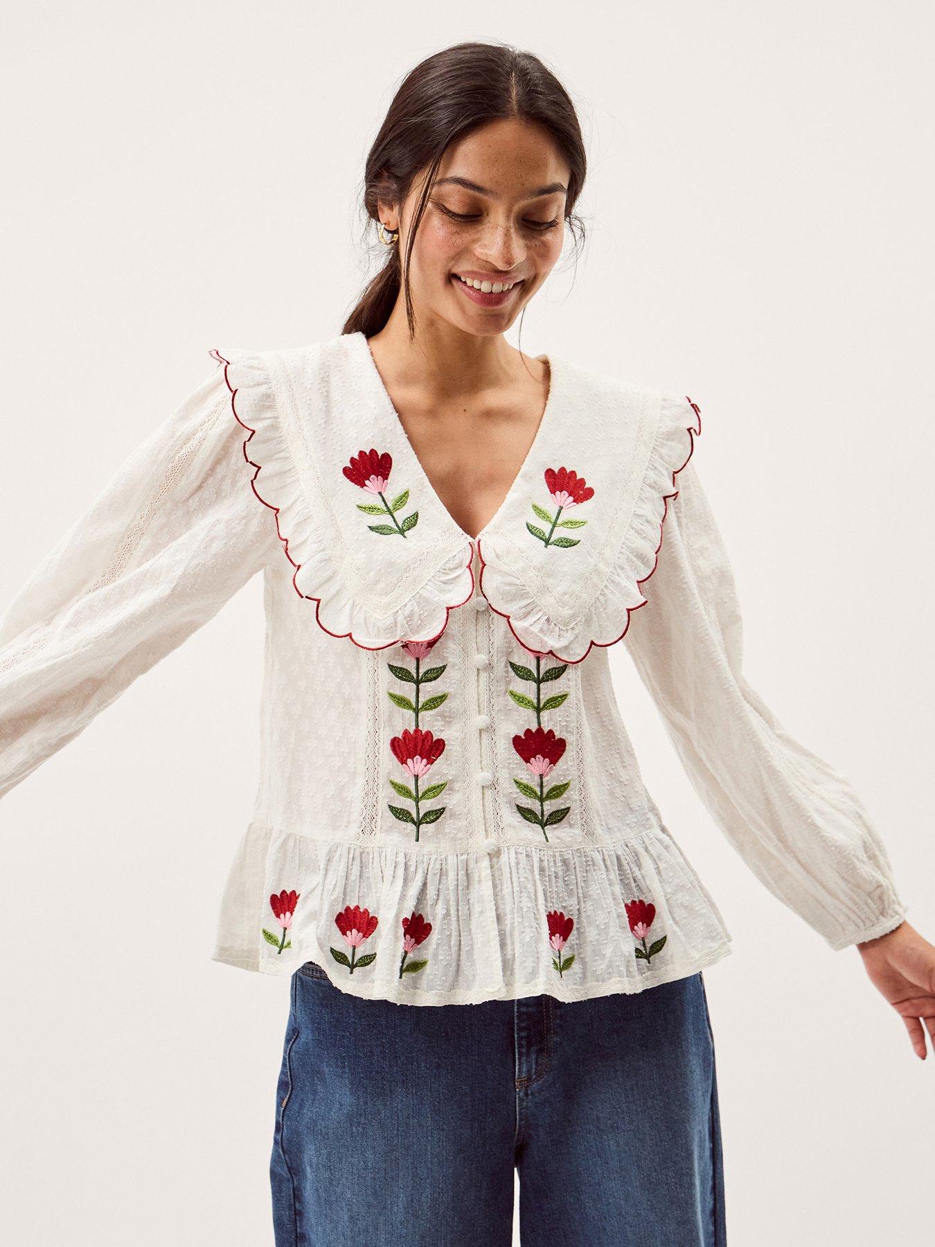 Monsoon Talia Tulip Embroidered Top - White