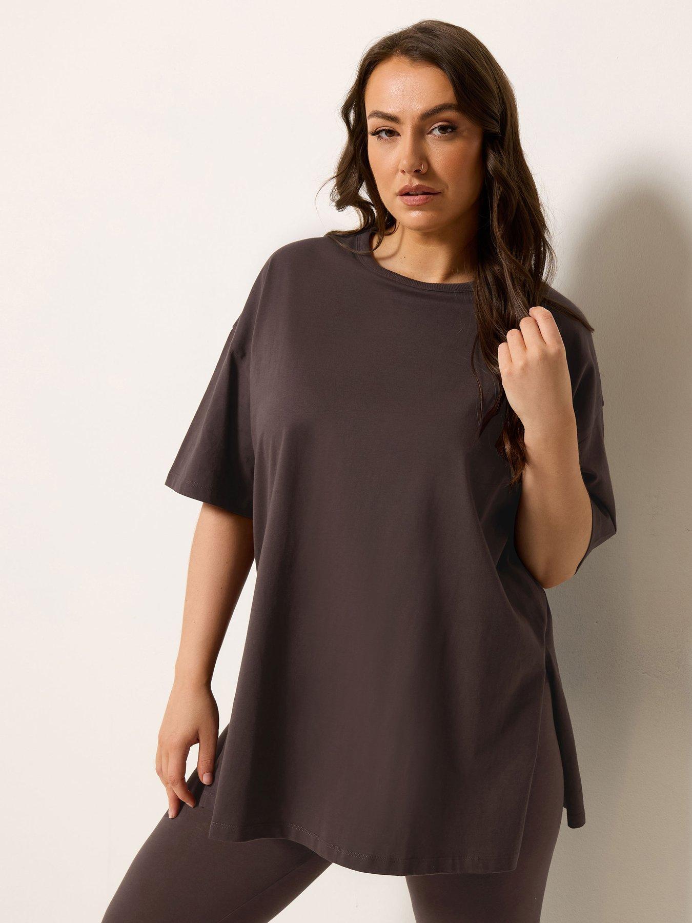 Yours Curve Relaxed Longline Side Split T-Shirt - Brown