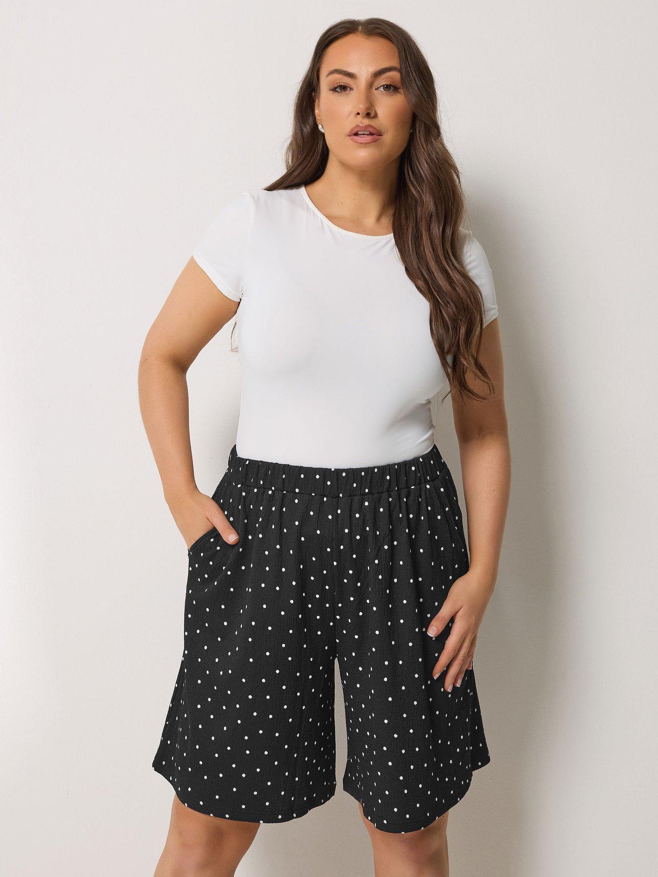 Yours Curve Jersey Crinkle Polka Dot Shorts - Black