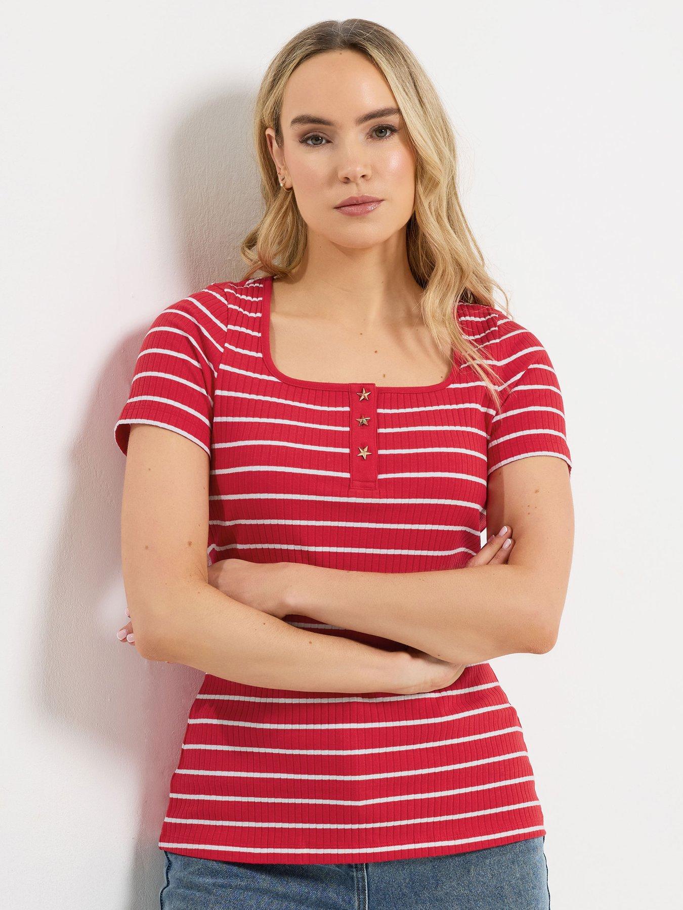 Long Tall Sally Striped Square Neck Button Detail T-Shirt - Red