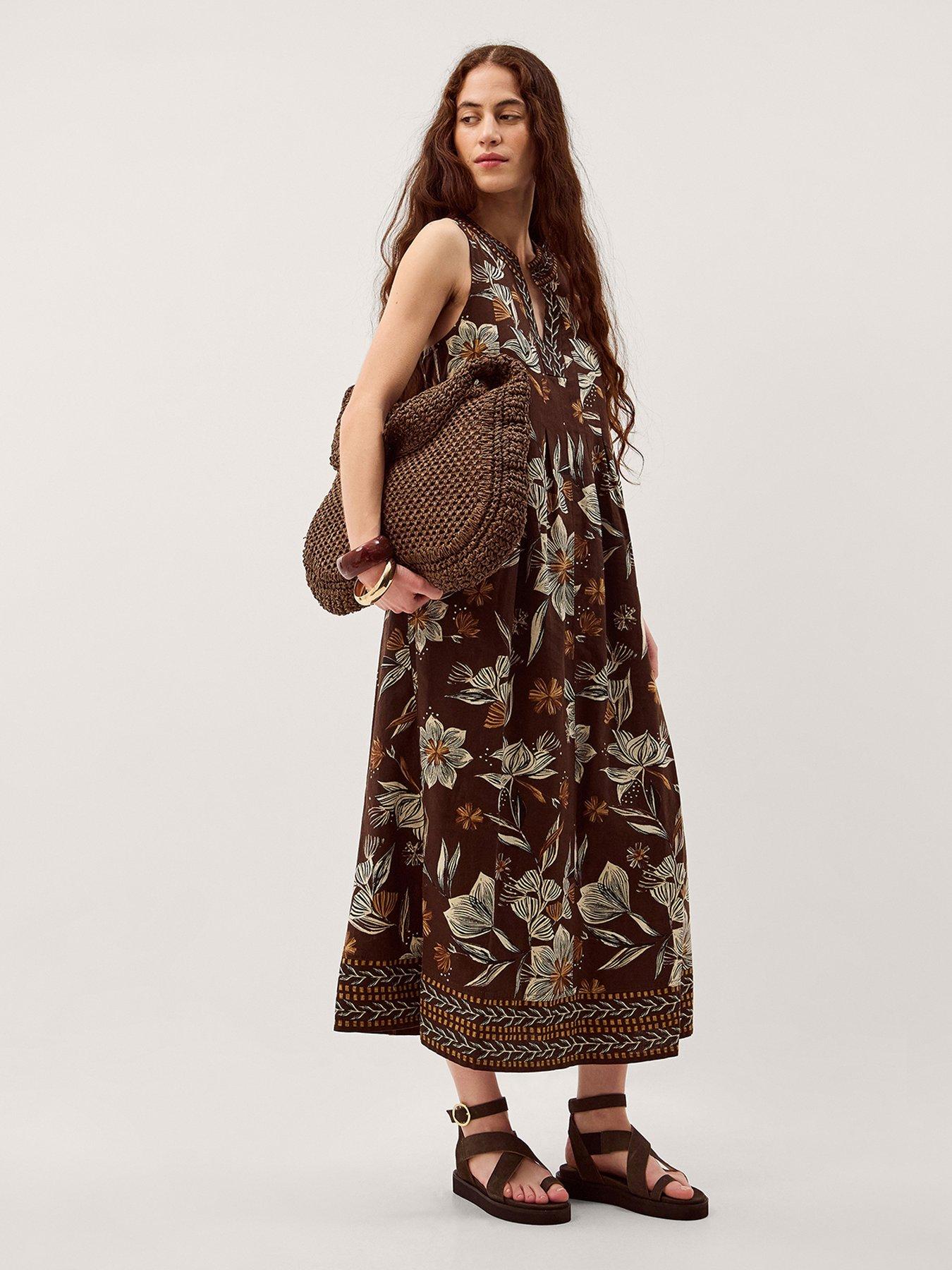 Monsoon Esther Linen  Dress - Brown