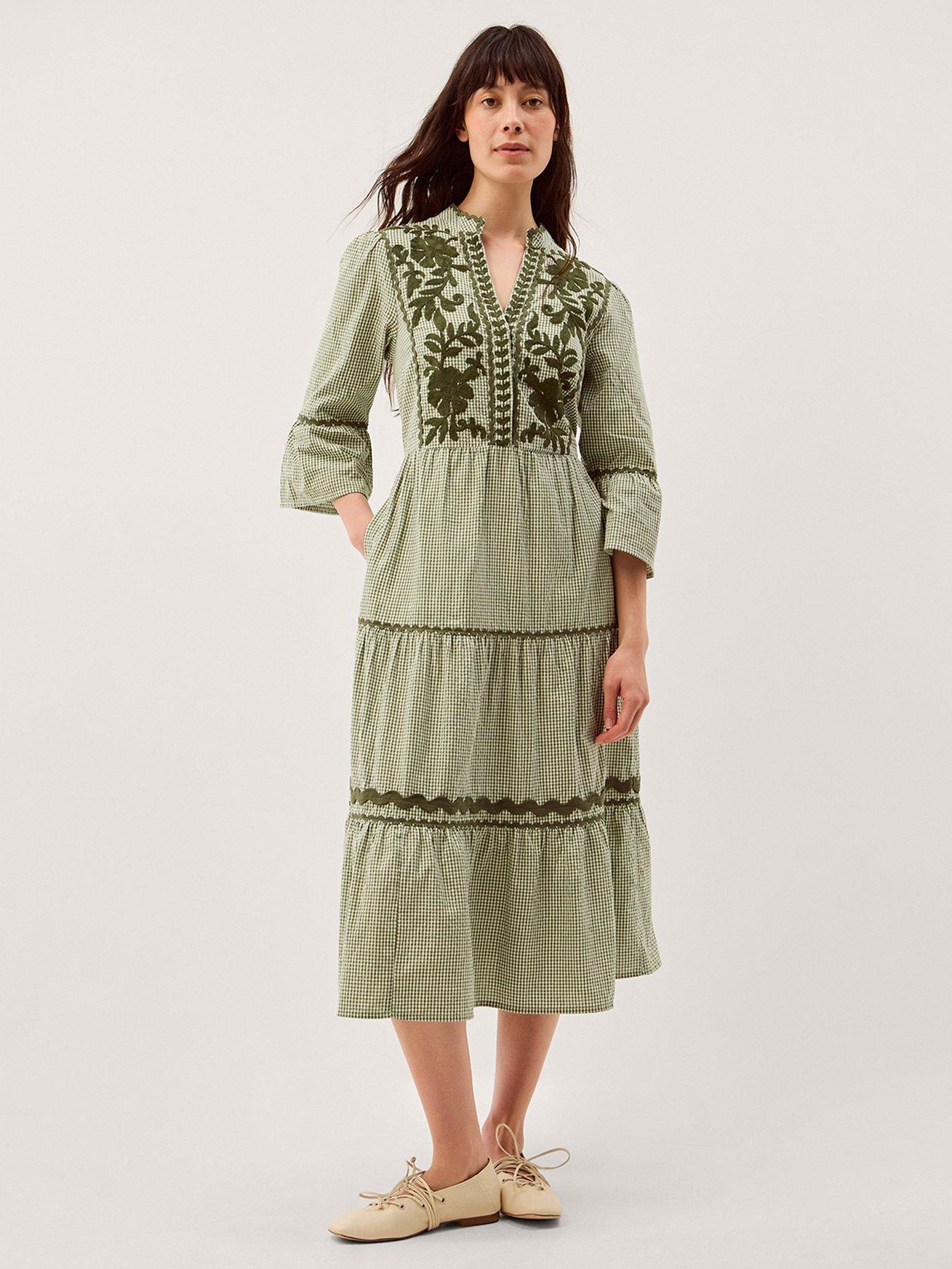 Image 1 of 6 of Monsoon Gaia Gingham Dress - Green