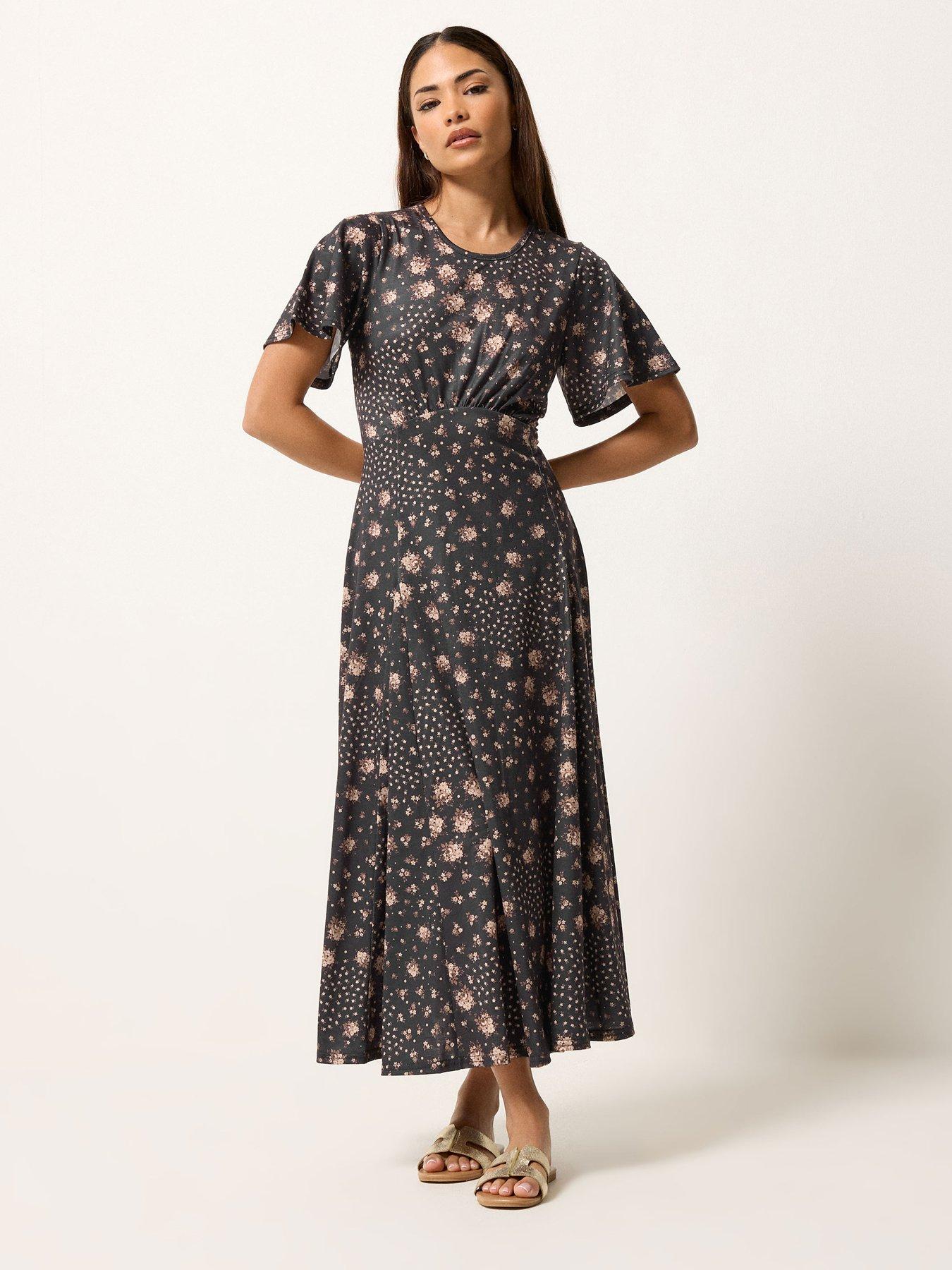 Image 1 of 5 of PixieGirl Petite Patchwork Midaxi Dress - Brown