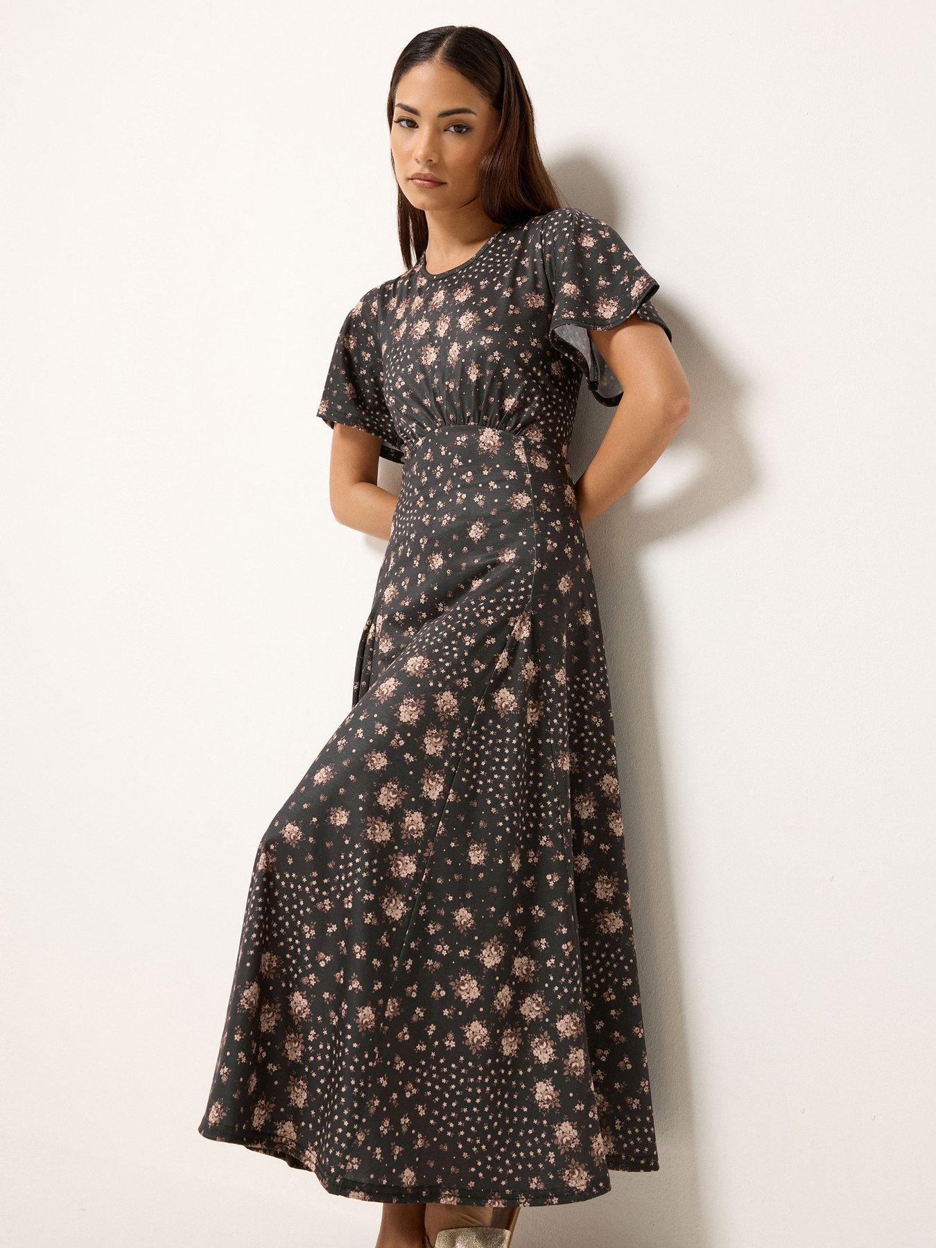 Image 3 of 5 of PixieGirl Petite Patchwork Midaxi Dress - Brown