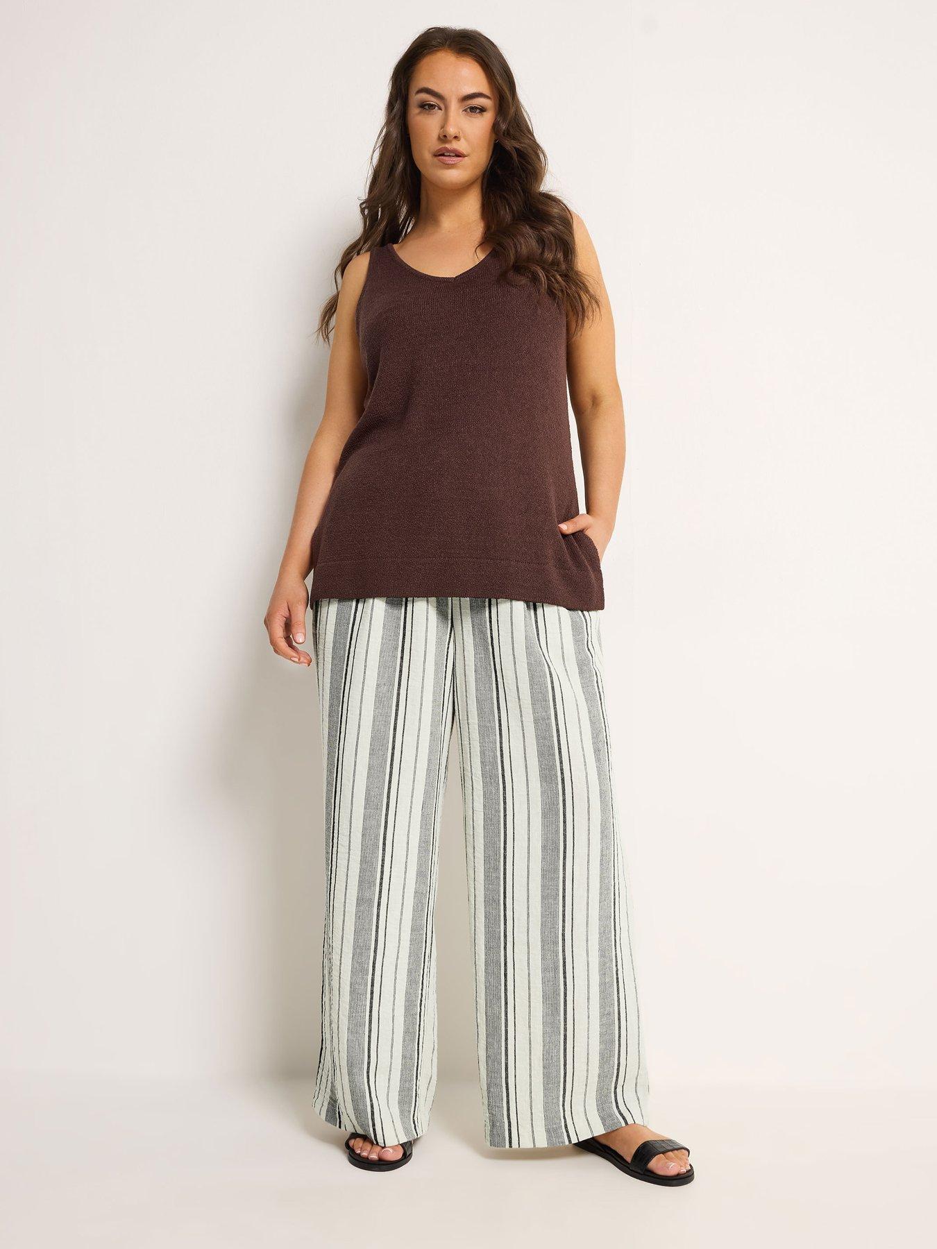 Yours Curve Linen Look Skinny Waist Wide Leg Trouser 28" - Cream